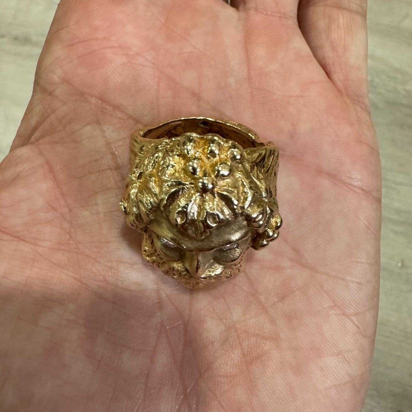 Vintage Custom Made Solid 14k Yellow Gold Natural VS Diamond Heavyweight Dionysus Greek God Ring (11)