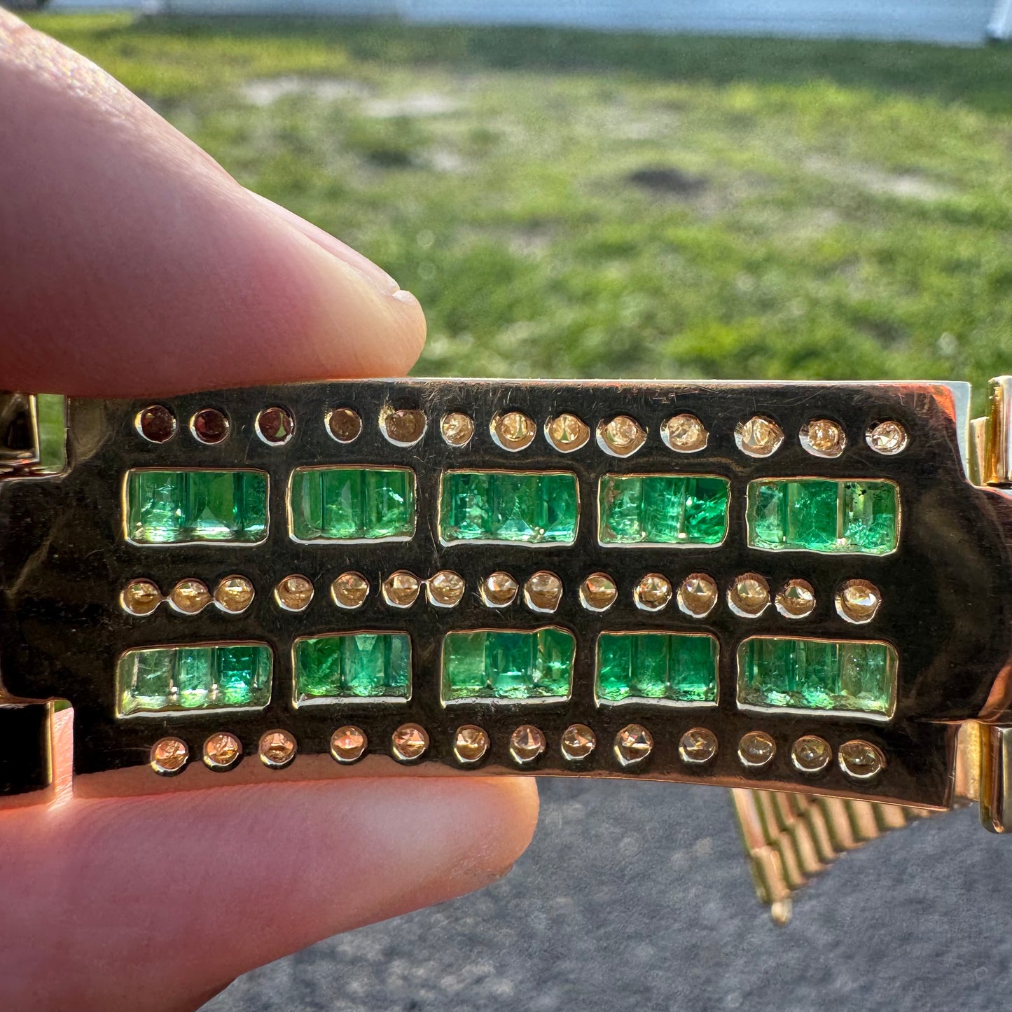 Vintage Solid 14k Yellow Gold 6.0ctw Natural Emerald 2.5ctw Natural Diamond Channel Set Jubilee Bracelet (8.25”)