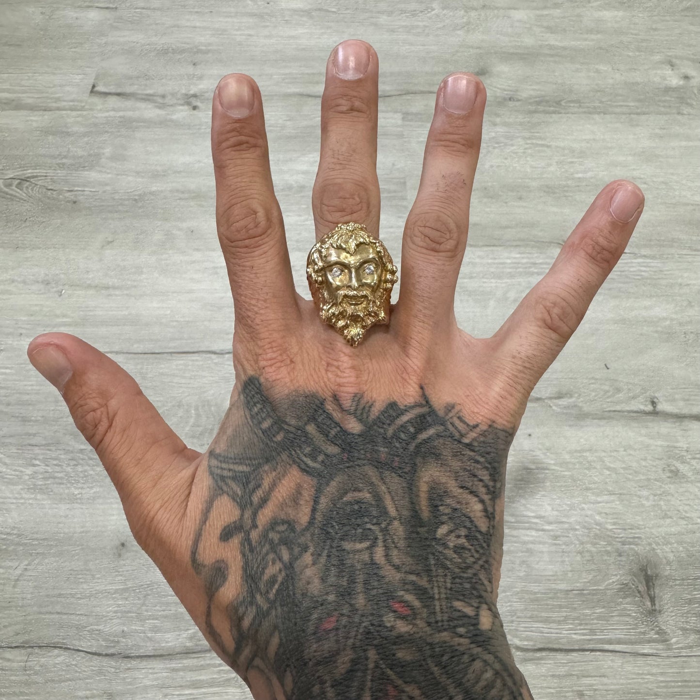 Vintage Custom Made Solid 14k Yellow Gold Natural VS Diamond Heavyweight Dionysus Greek God Ring (11)