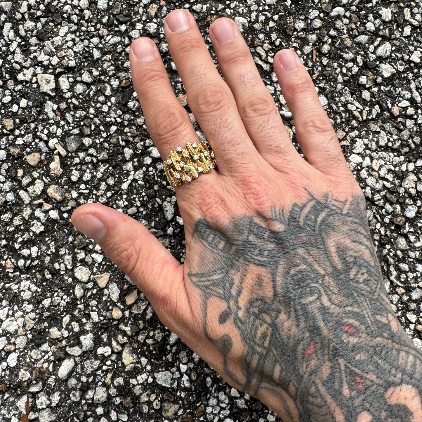 Vintage Solid 14k Yellow Gold Designer Made Heavyweight .50CTW Natural Diamond Cluster Brutalist Ring (10.5)