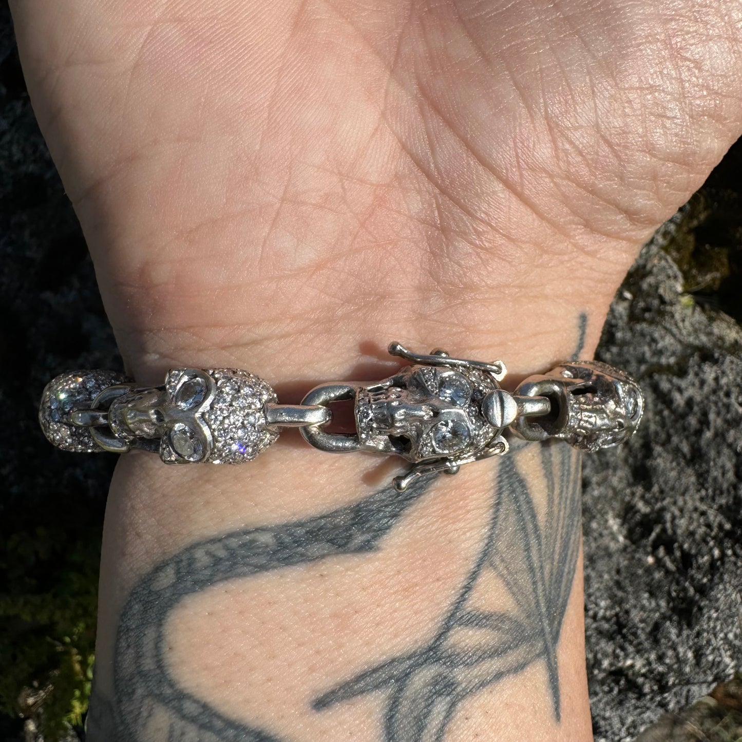 Vintage Solid 18k White Gold 21 CTW Natural Diamond Custom Skull Bracelet (7.25”)