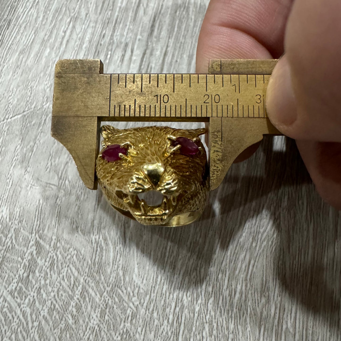 Vintage 18k Yellow Gold Marquise Cut Ruby Heavyweight Large Fierce Feline Ring (8.75)