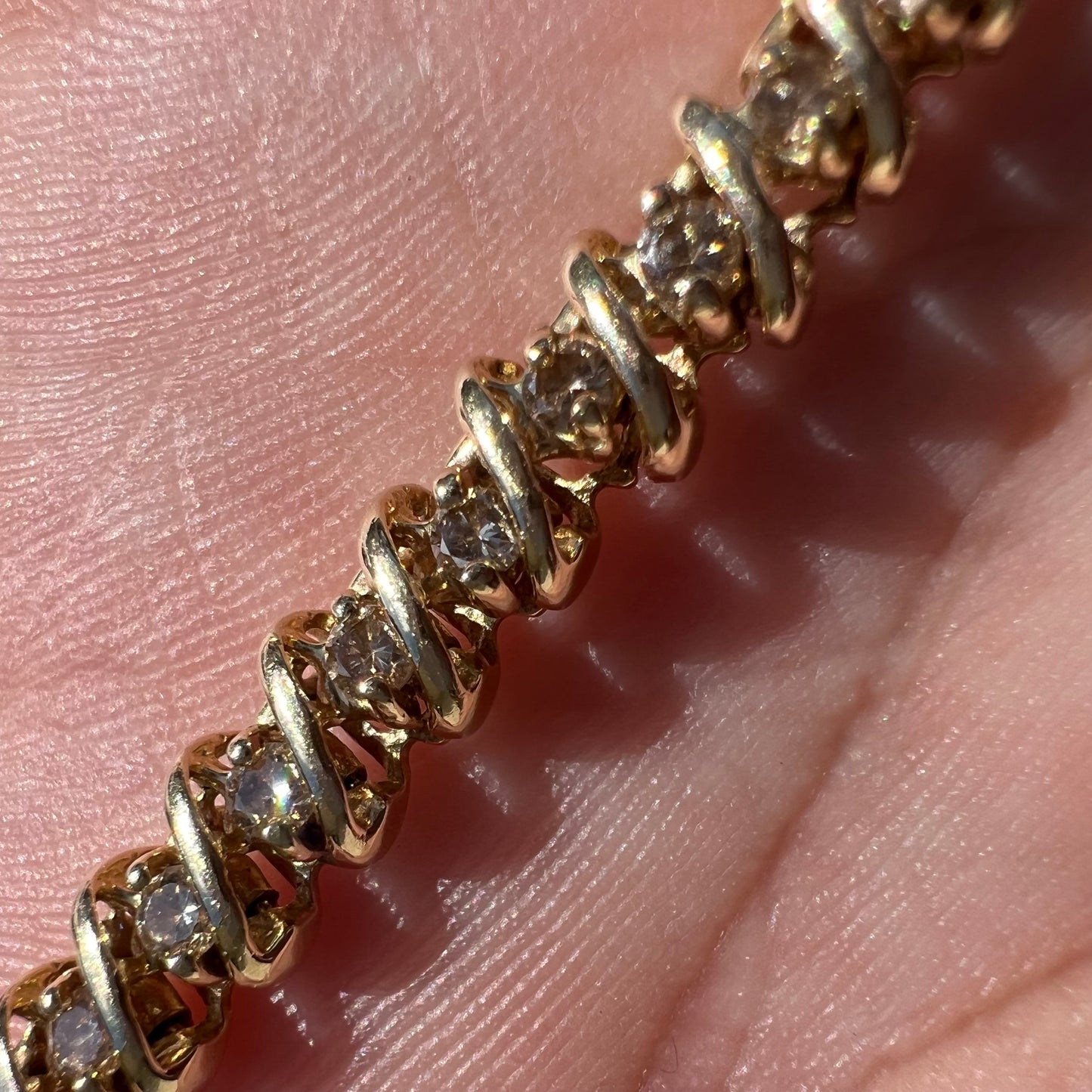Vintage 14k Yellow Gold Heavyweight 2.0CTW Natural Diamond S-Link Tennis Bracelet (7.35”)