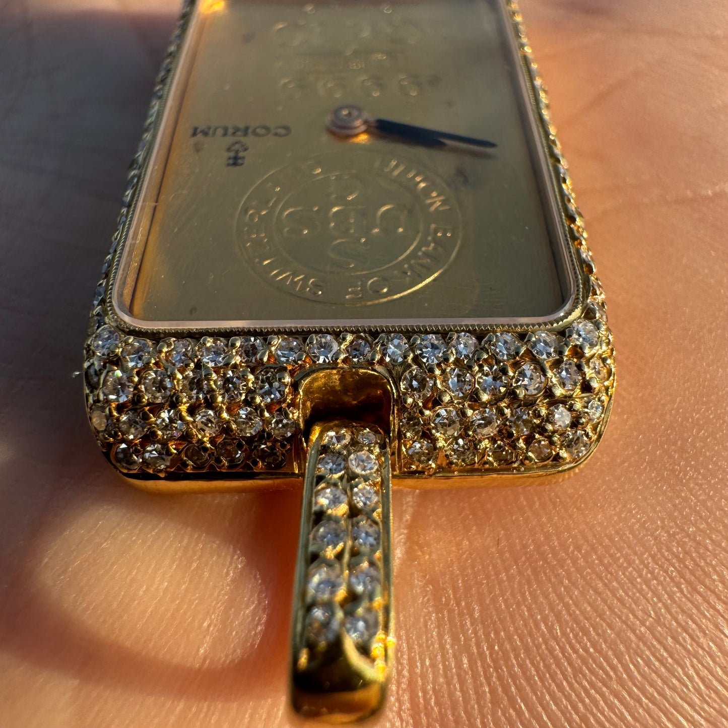 Rare 1980’s Corum UBS 10 Gram Pure 999.9 Gold Ingot Bar Diamond Watch Pendant