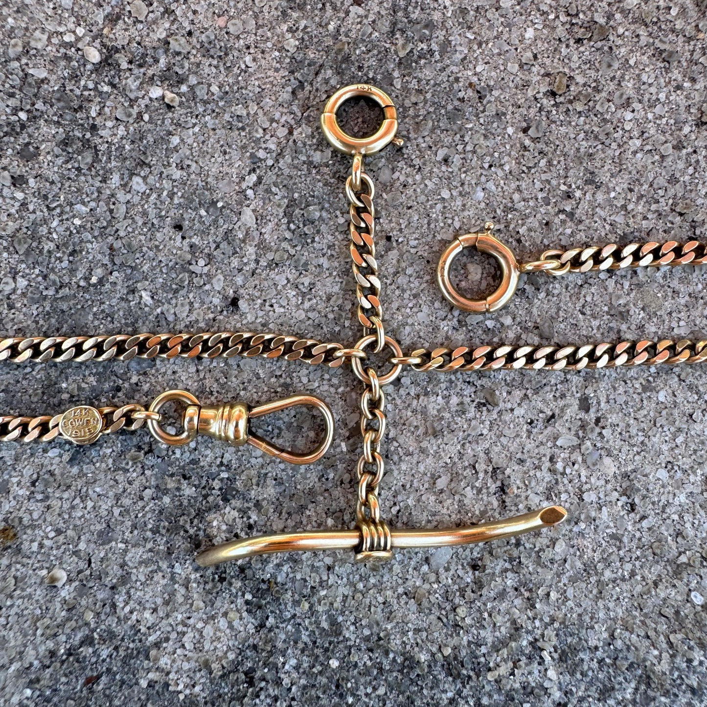 1915 Solid 14k Yellow Gold Double Albert Curb Link Watch Chain Necklace (18.5”)