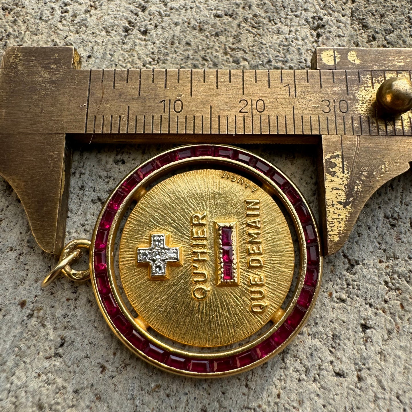 Mid-Century French 18k Yellow Gold Natural Diamond And Ruby A.Augis Love Poem Medallion (27MM)