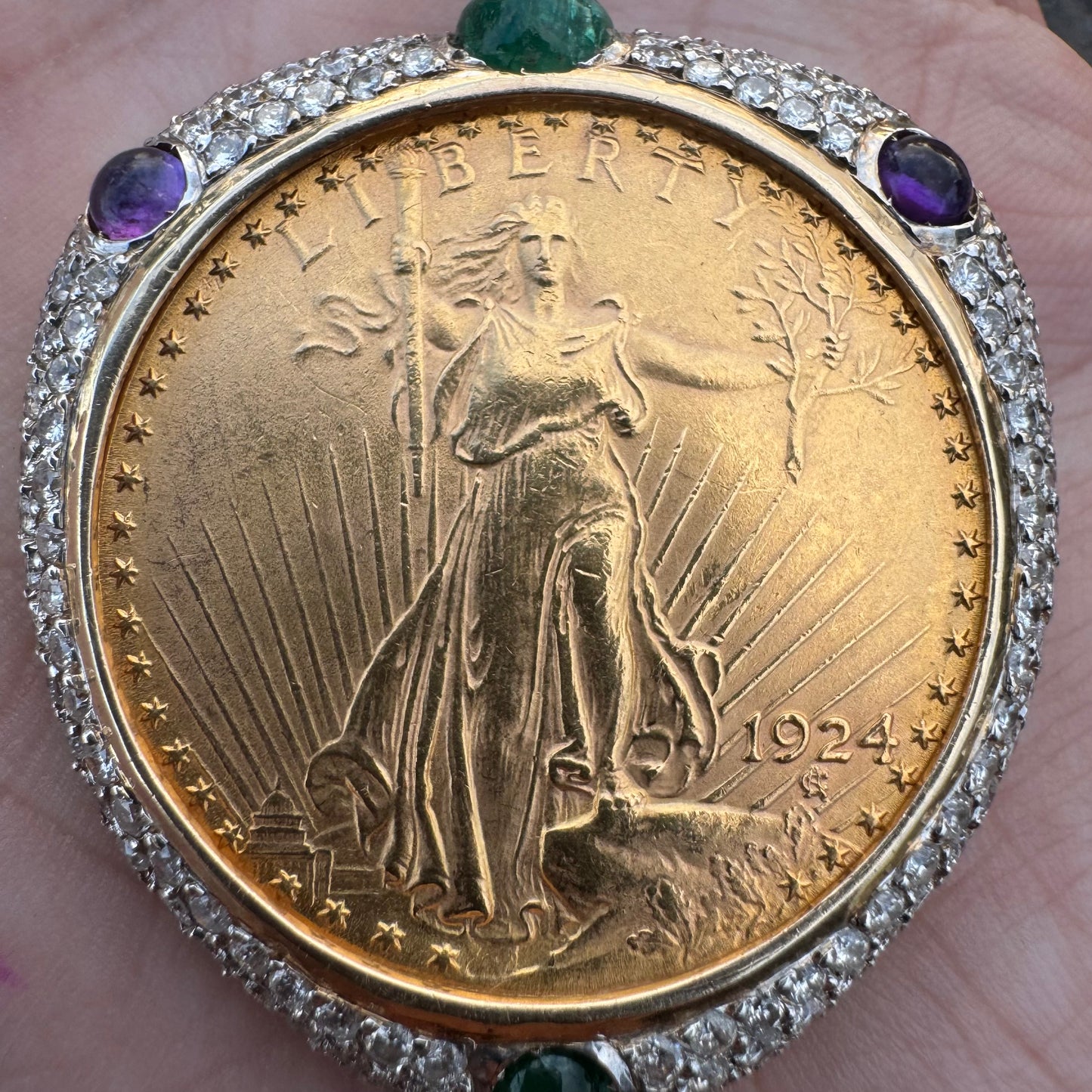 1924 St. Gaudens $20 Double Eagle 1oz Gold Coin Natural Diamond, Emerald, And Amethyst Encrusted Pendant