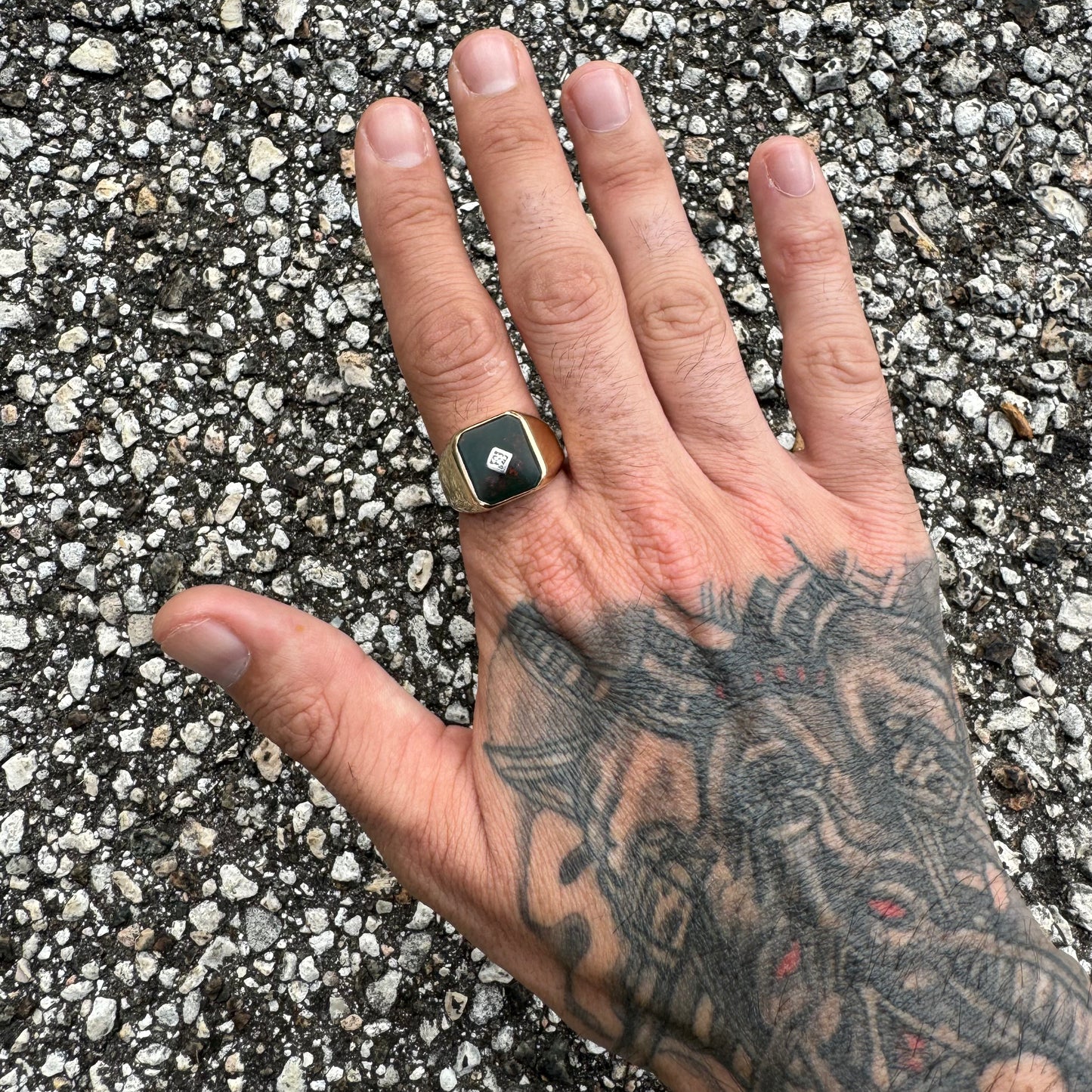 1930’s 10k Yellow Gold Art-Deco Bloodstone Diamond Solitaire Solid Backed Signet Ring (10.5)