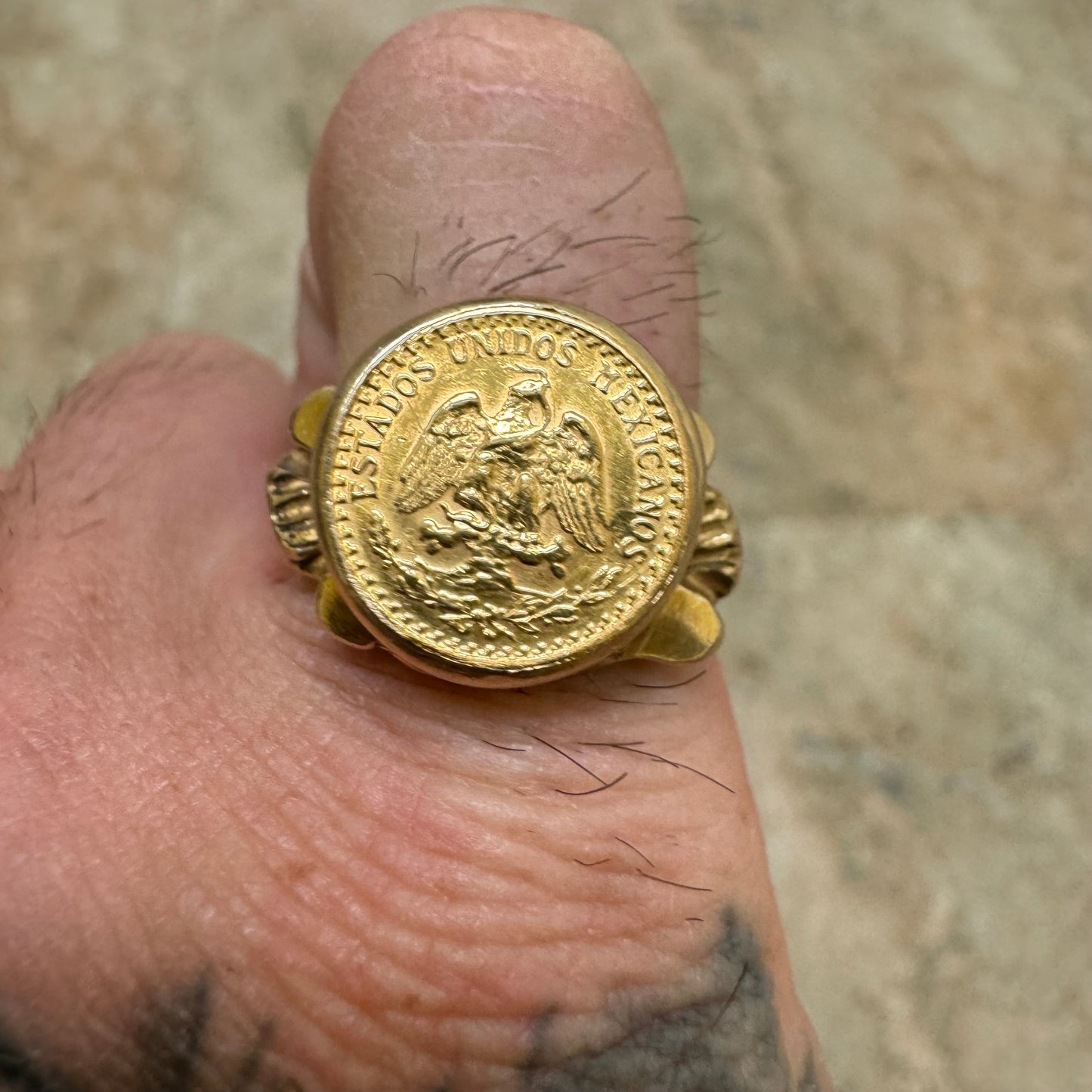 1945 22k Gold Mexican Dos Pesos 14k Yellow Gold Brutalist Nugget Coin Ring (6.5)