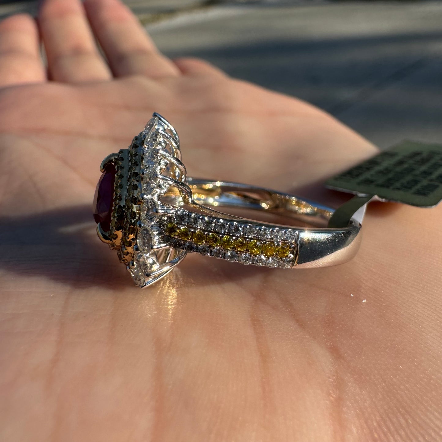 Brand New 18k White Gold 1.2ct Natural Burmese Ruby 1.32ctw Natural VS Yellow And White Diamond Heart Ring (8)