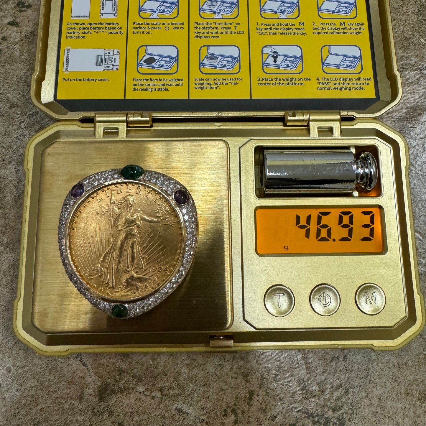 1924 St. Gaudens $20 Double Eagle 1oz Gold Coin Natural Diamond, Emerald, And Amethyst Encrusted Pendant