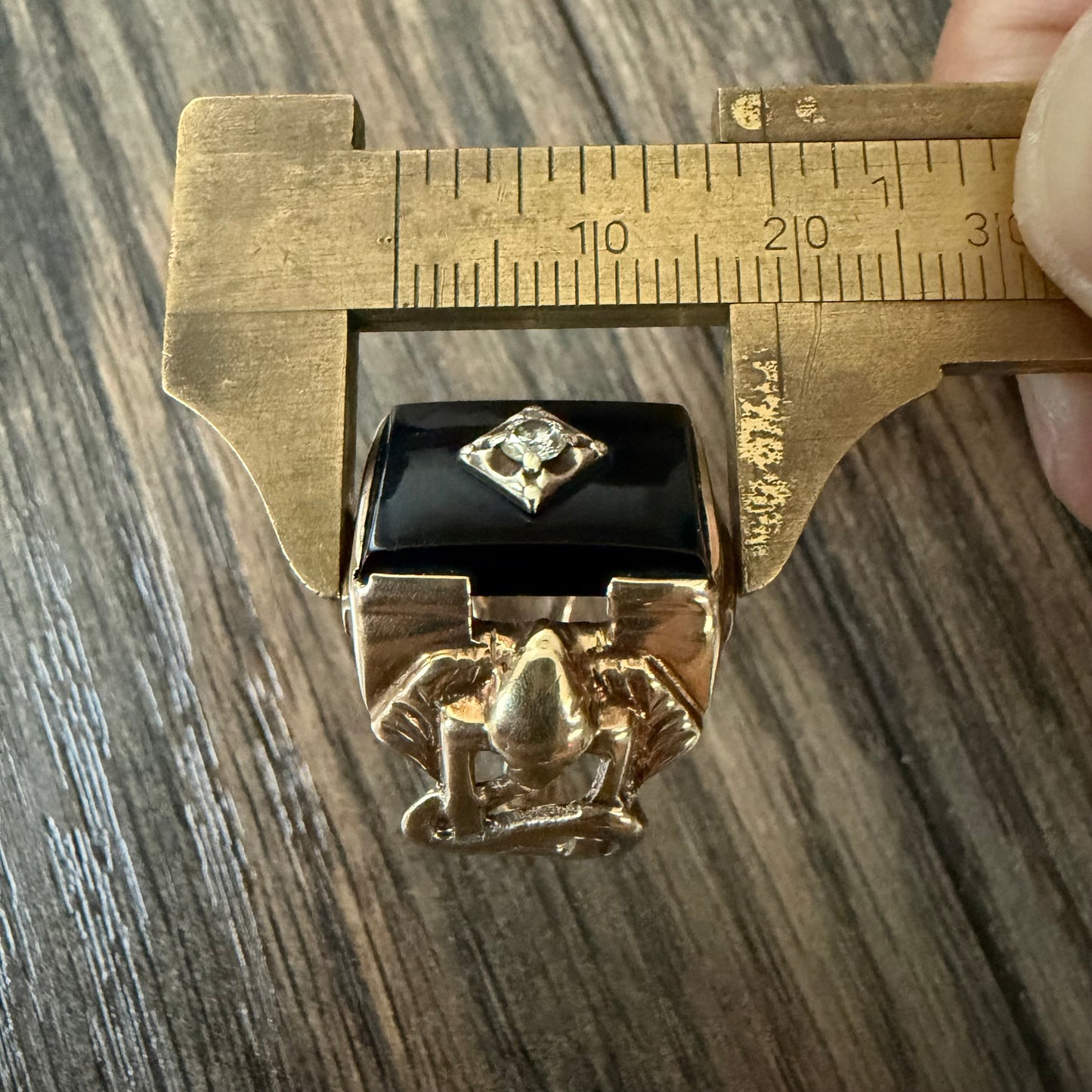 1940’s Solid 10k Yellow Gold Black Onyx Natural Diamond Solitaire Double Snake Signet Ring (9)