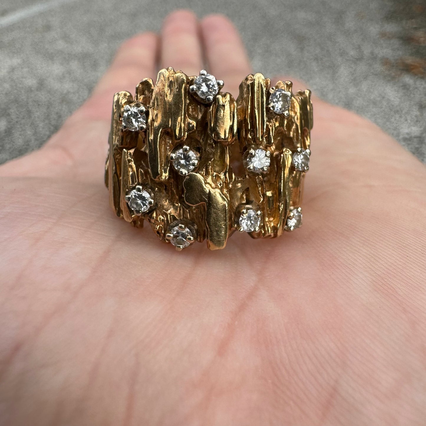 Vintage Solid 14k Yellow Gold Designer Made Heavyweight .50CTW Natural Diamond Cluster Brutalist Ring (10.5)