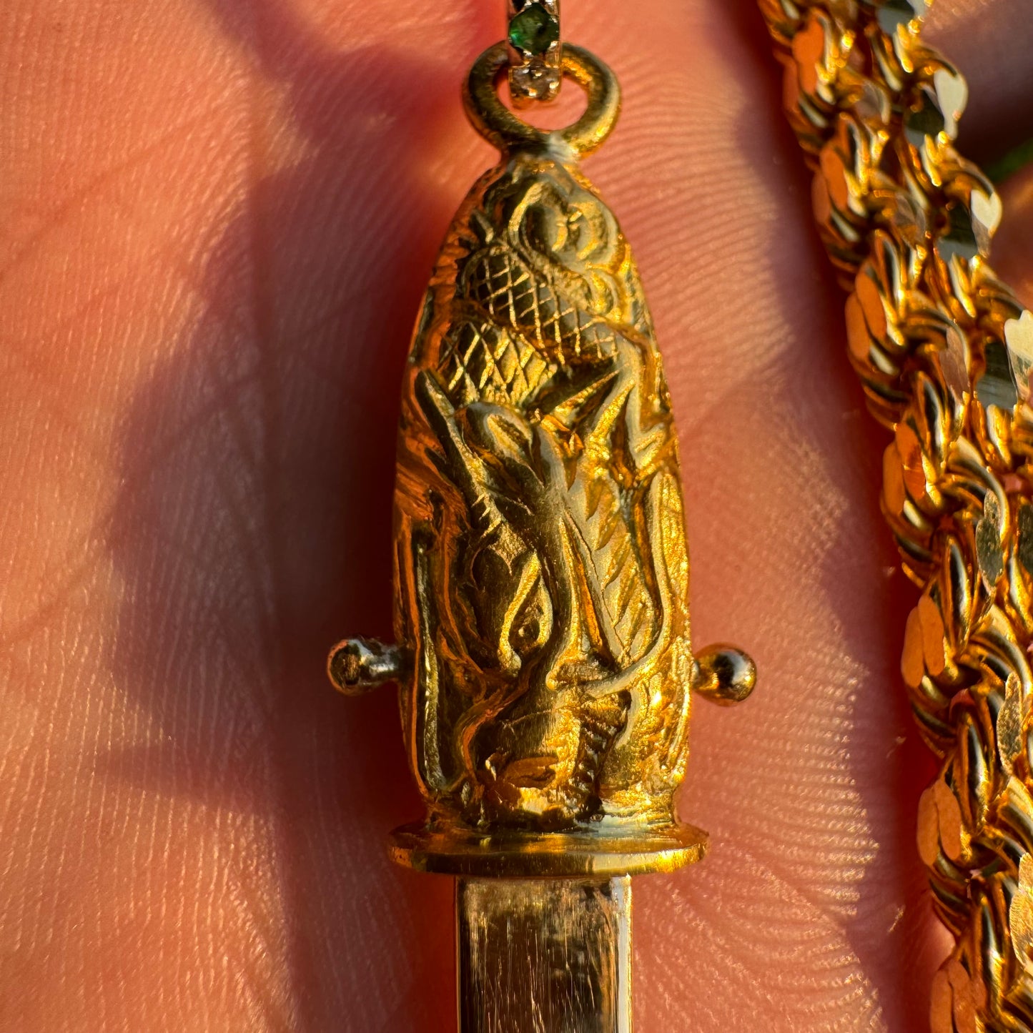 Vintage Pure 24k Solid Gold Asiatic Dragon Knife And Sheath Pendant