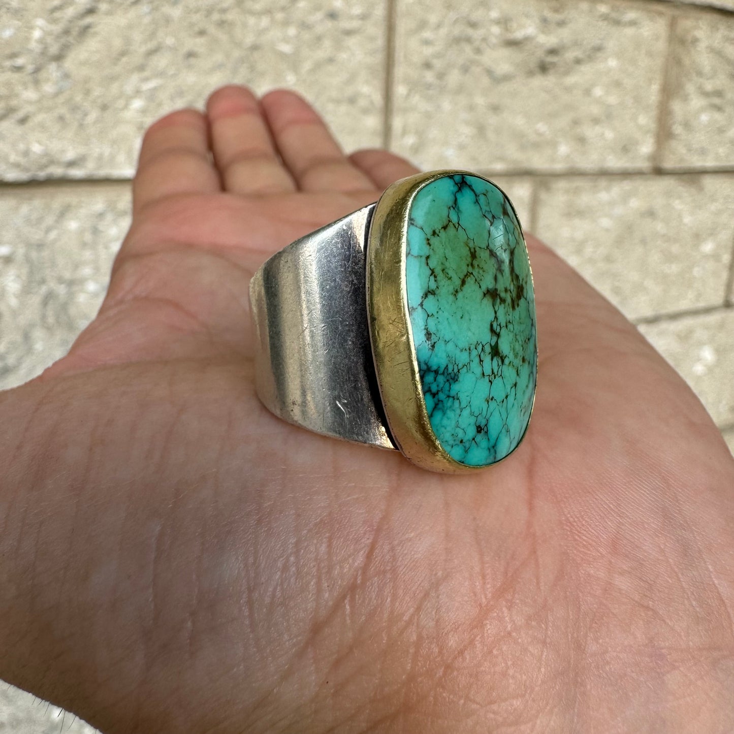 Vintage Hand Wrought Artist Signed 18k Yellow Gold Sterling Silver Large Spider Web Turquoise Ring (11)