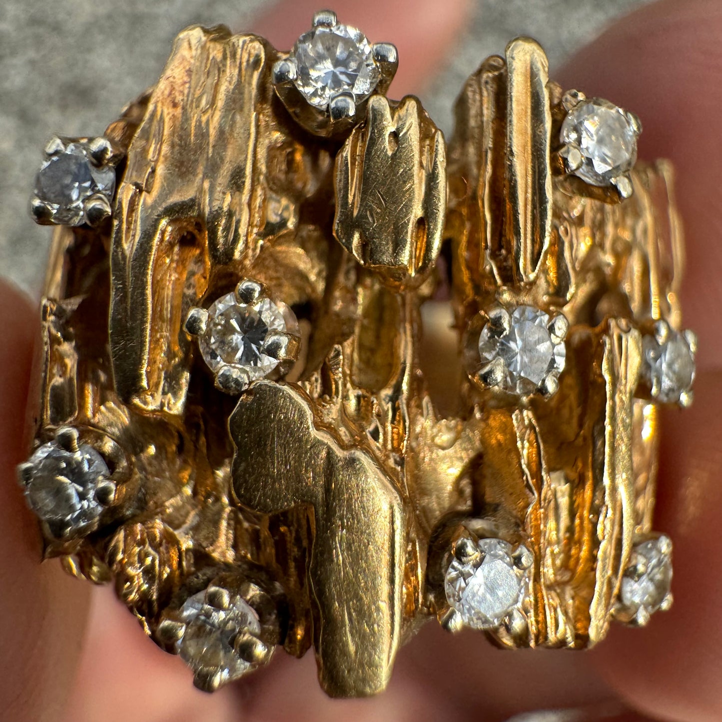Vintage Solid 14k Yellow Gold Designer Made Heavyweight .50CTW Natural Diamond Cluster Brutalist Ring (10.5)