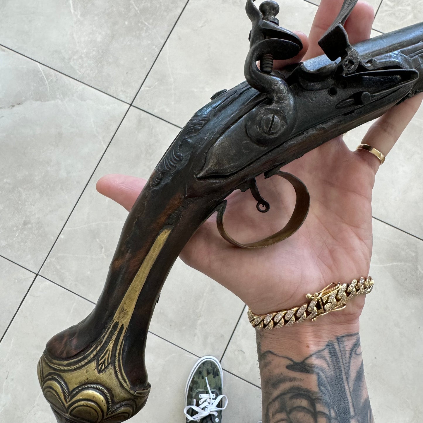 Early 1900’s Solid 10k Yellow Gold Flintlock Pistol Pendant