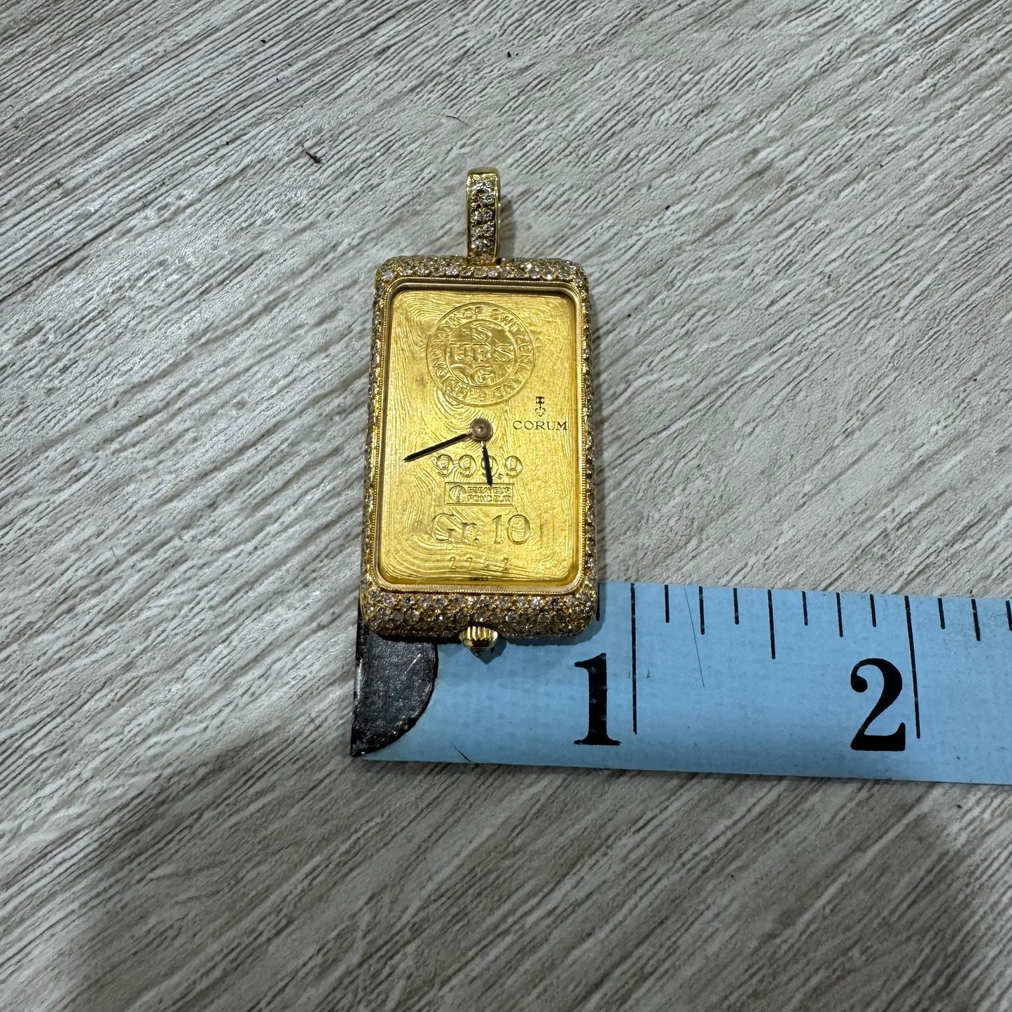 Rare 1980’s Corum UBS 10 Gram Pure 999.9 Gold Ingot Bar Diamond Watch Pendant