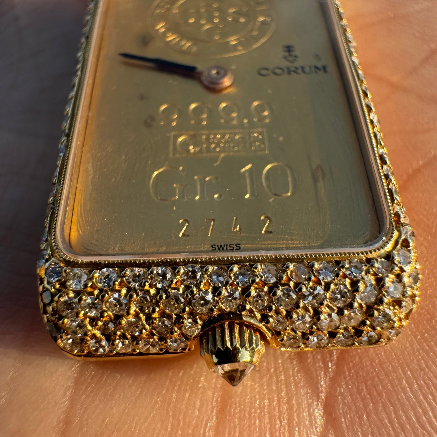 Rare 1980’s Corum UBS 10 Gram Pure 999.9 Gold Ingot Bar Diamond Watch Pendant