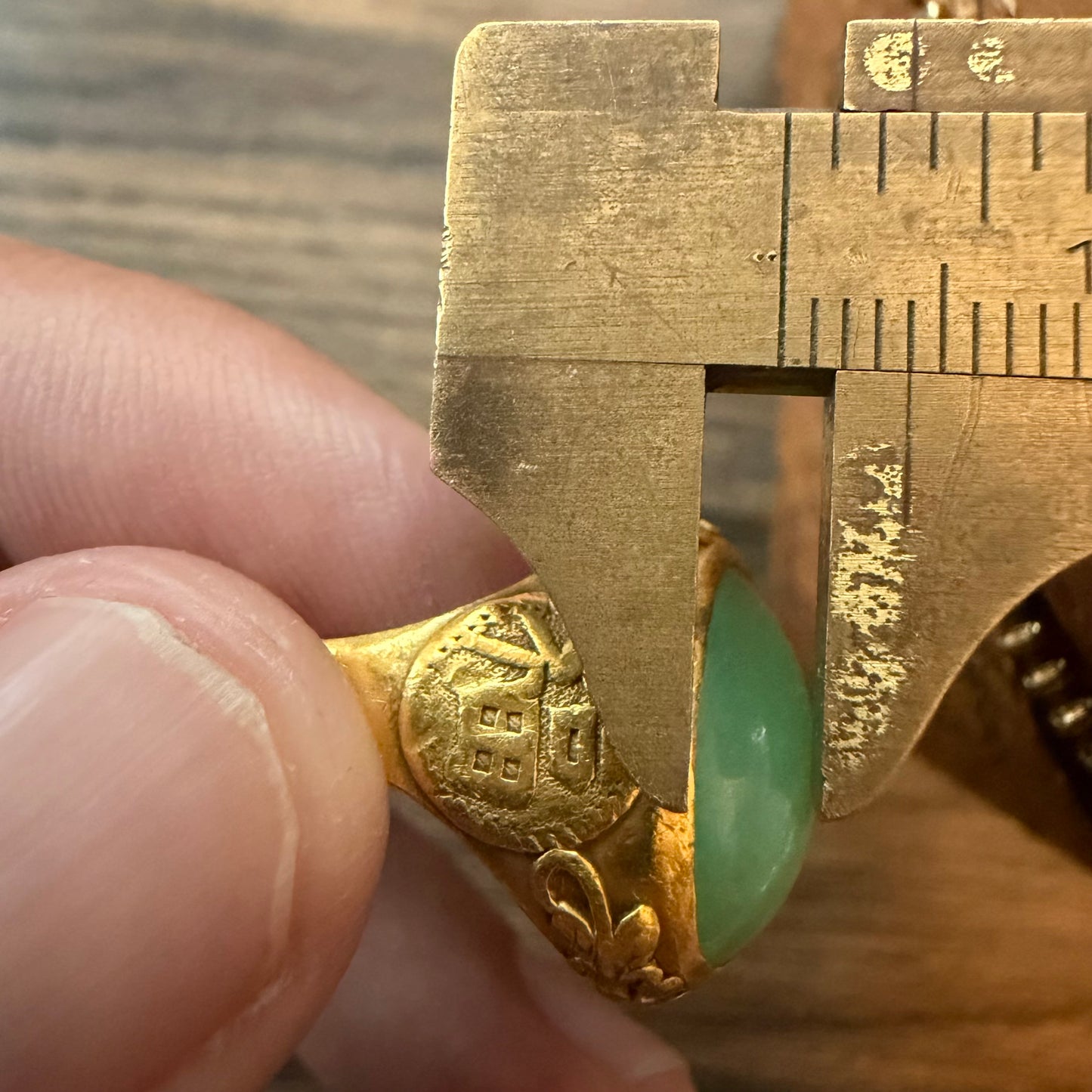 Antique Chinese Traditional 24k Yellow Gold 5.0ct Green Apple Jadeite Fu Ring (10.25)