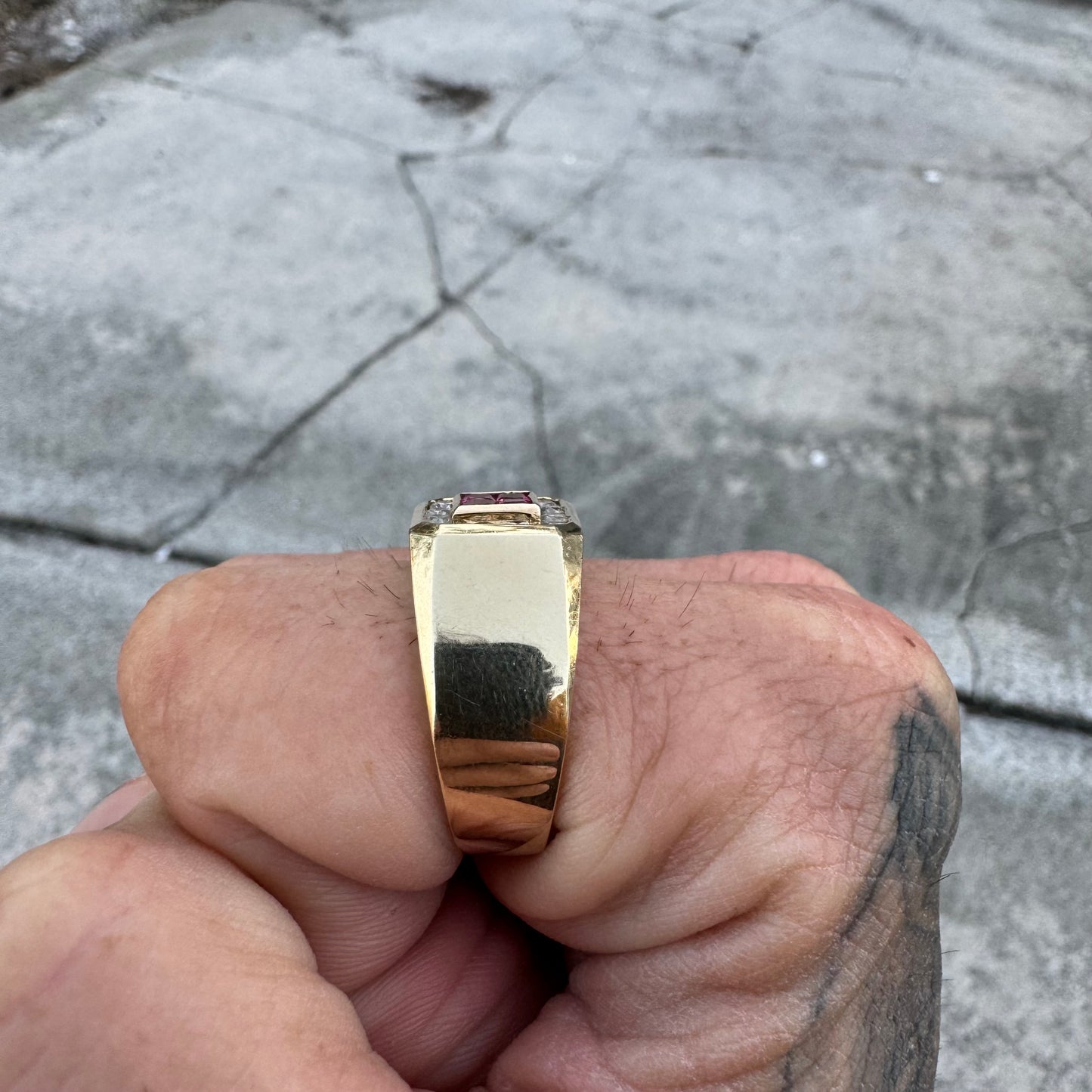 Vintage Custom Made 14k Yellow Gold .60ctw Natural Diamond And .40ctw Ruby Signet Ring (10.75)