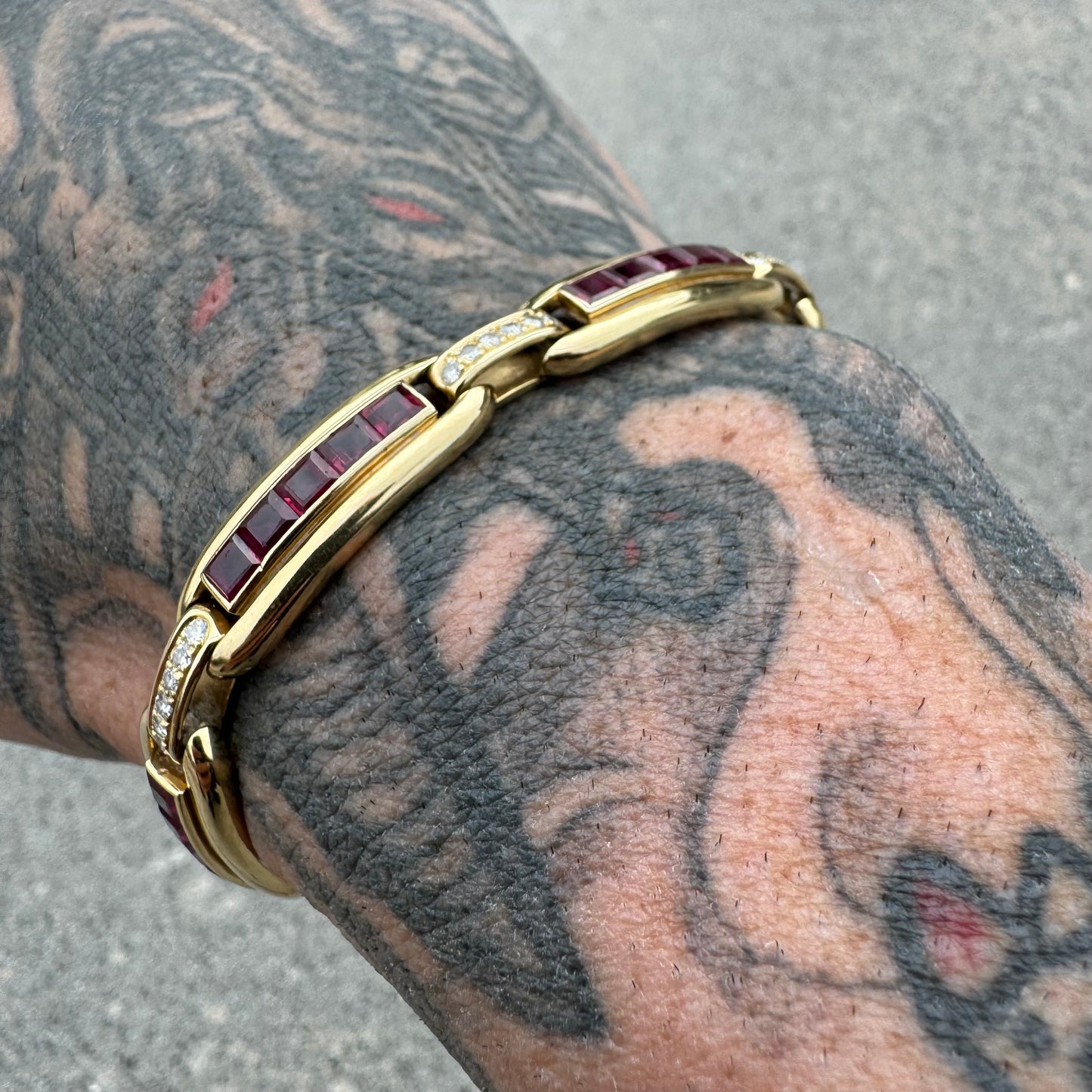 Vintage Custom Solid 18k Yellow Gold 3.0ctw Natural Ruby 1.0ctw Natural Diamond Bracelet (7”)