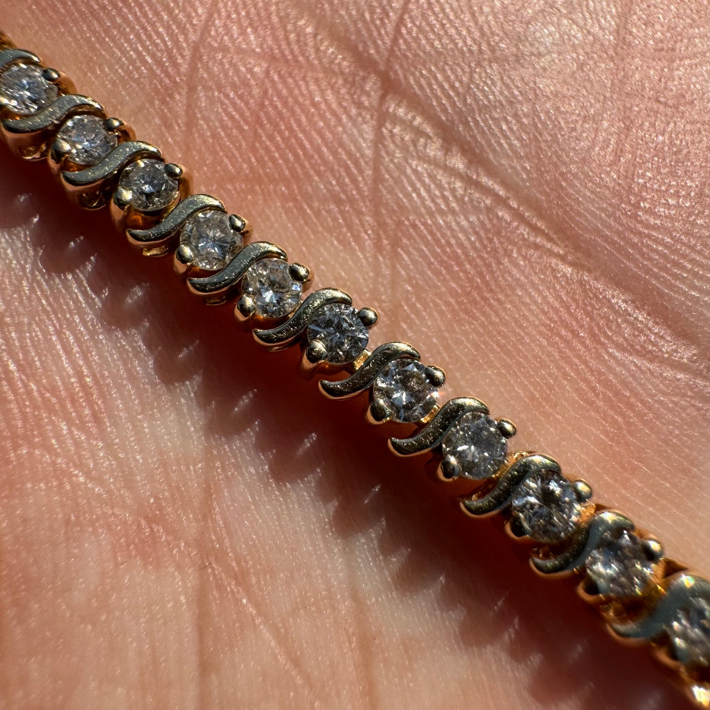 Vintage 14k Yellow Gold 2.25CTW Natural Diamond S-Link Tennis Bracelet (7.4”)