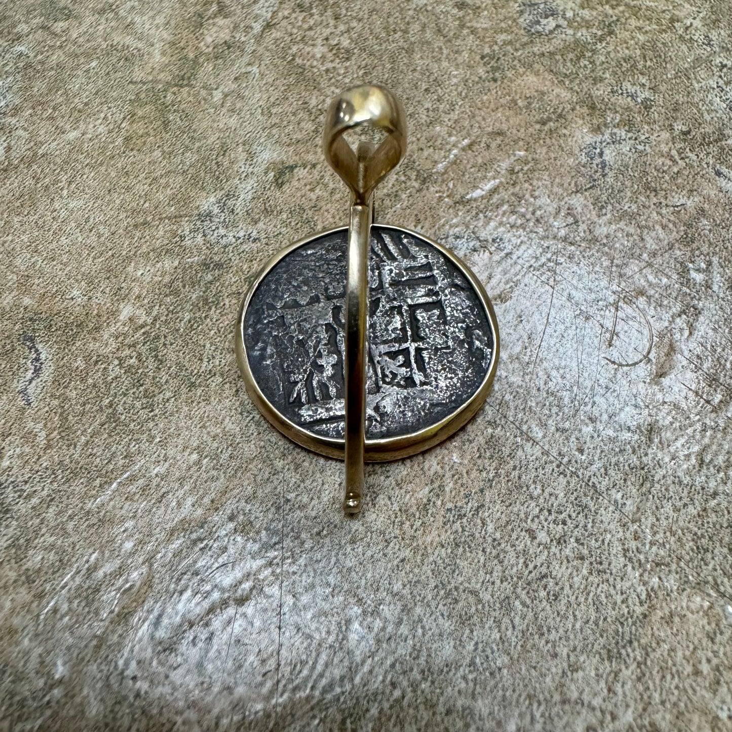 1681 Santa Maria De La Consolación Sea Salvaged Silver 8 Reale Shipwreck Coin Spinning Solid 14k Yellow Gold Pendant