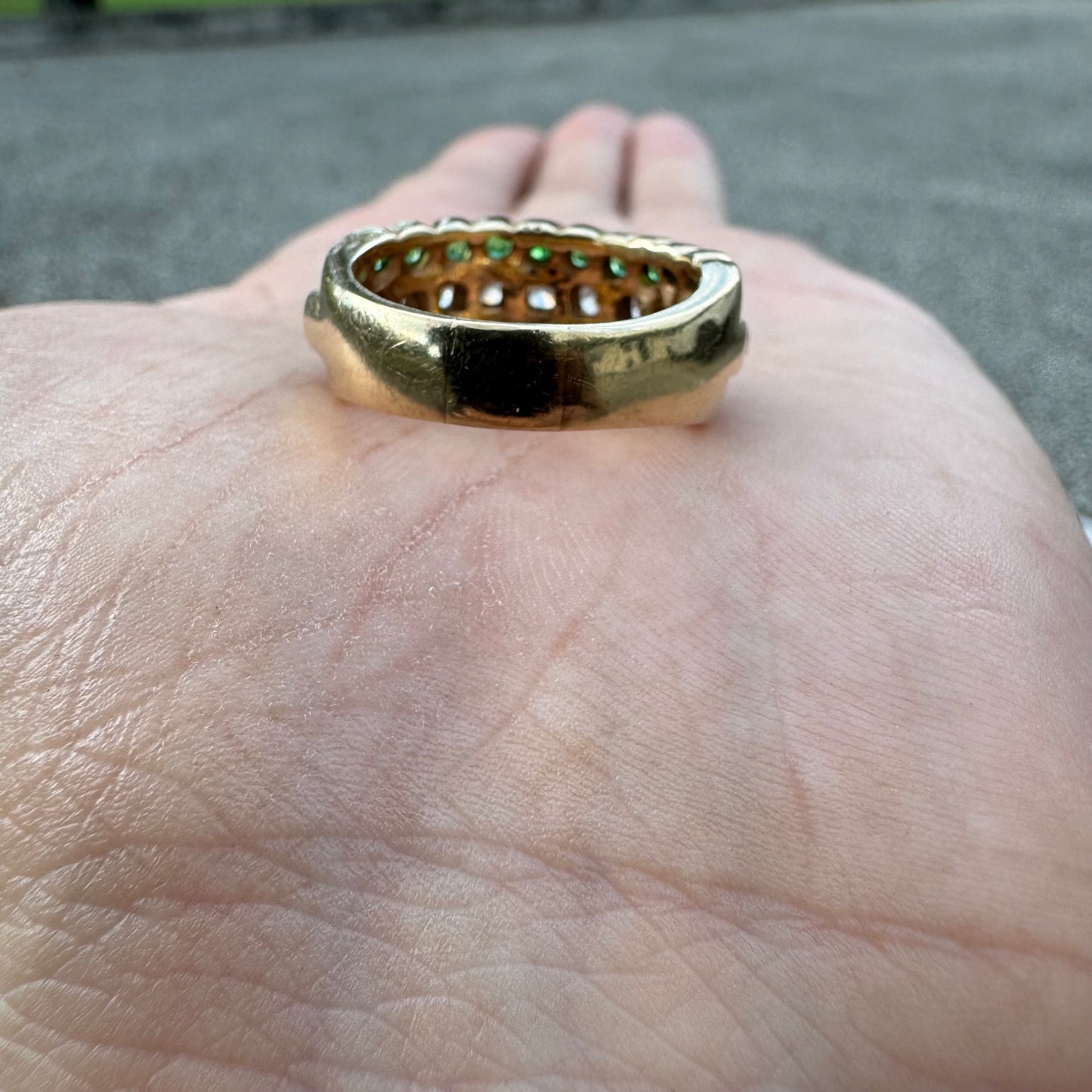 Vintage Handmade Solid 14k Yellow Gold 1.0Ctw Natural Diamond/1.25Ctw Tsavorite Garnet Ring (7.5)