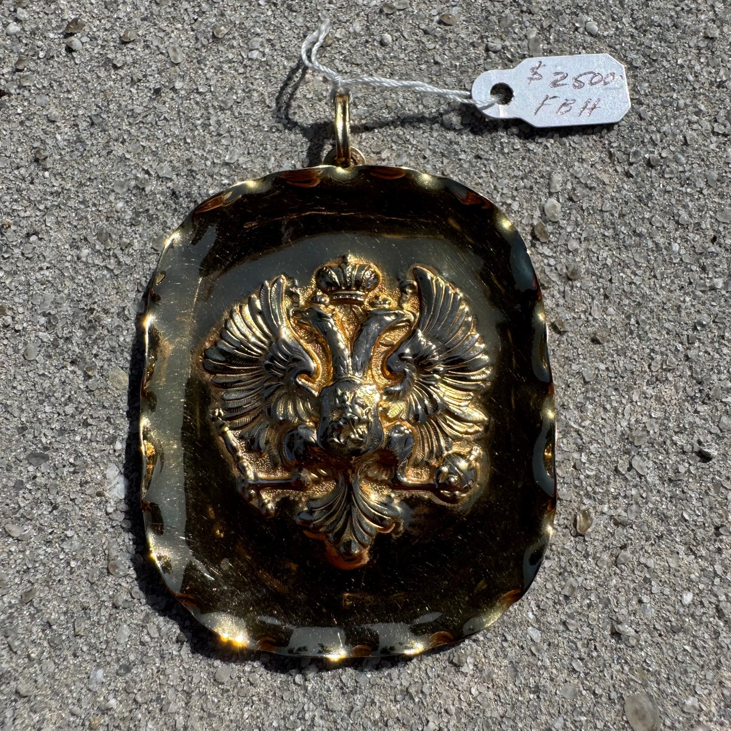 Vintage Designer Handmade Solid 18k Yellow Gold Large Russian Coat of Arms Imperial Double Eagle REPOUSSÉ Pendant
