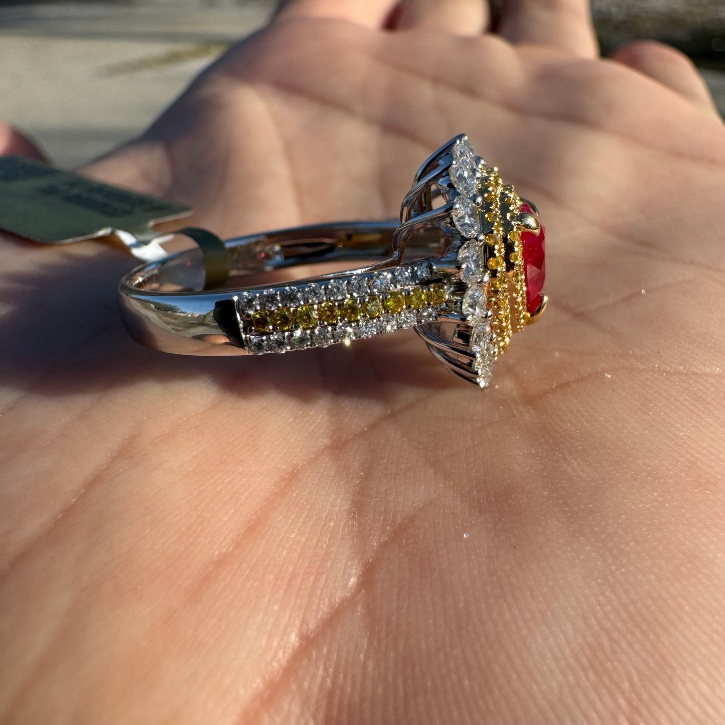 Brand New 18k White Gold 1.2ct Natural Burmese Ruby 1.32ctw Natural VS Yellow And White Diamond Heart Ring (8)