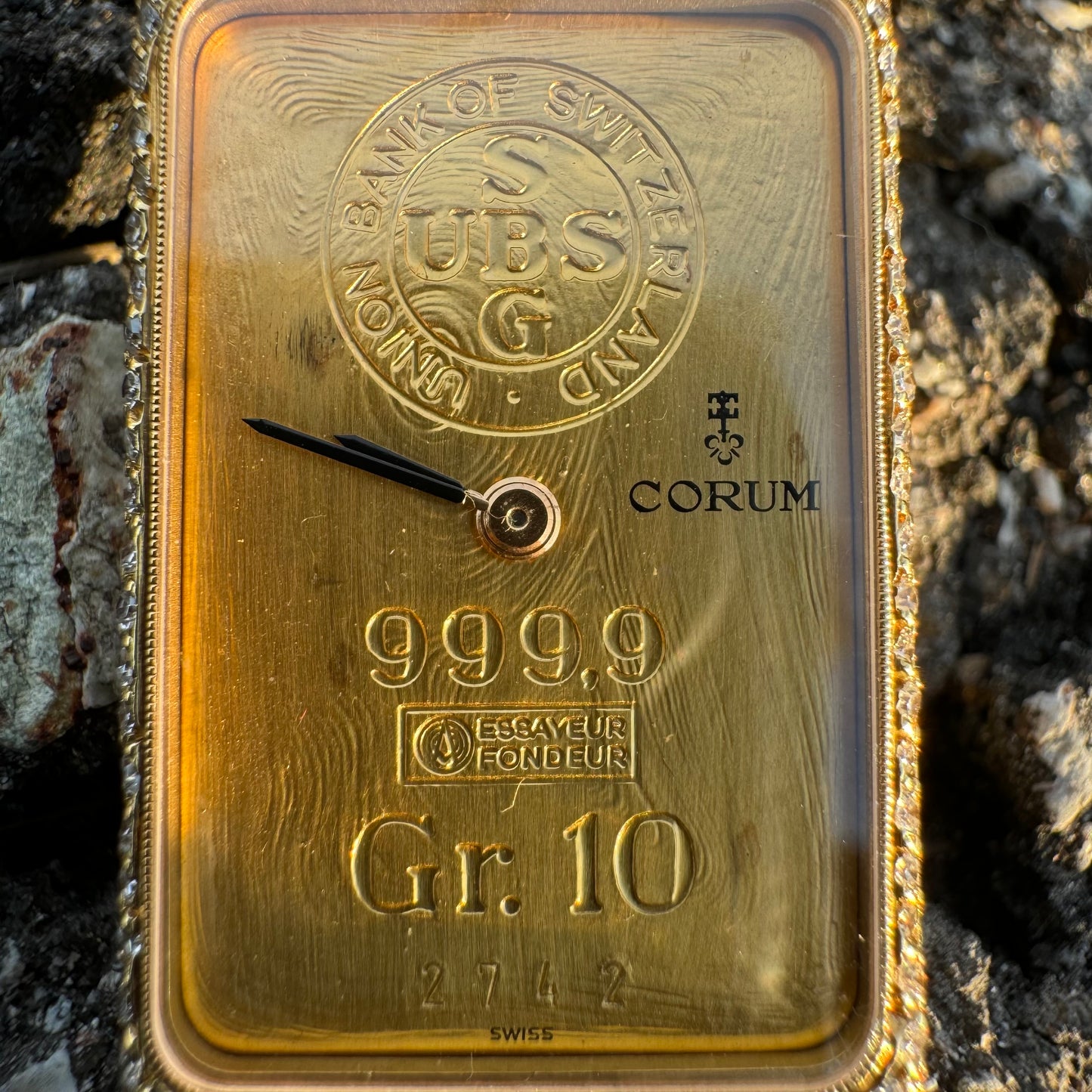 Rare 1980’s Corum UBS 10 Gram Pure 999.9 Gold Ingot Bar Diamond Watch Pendant