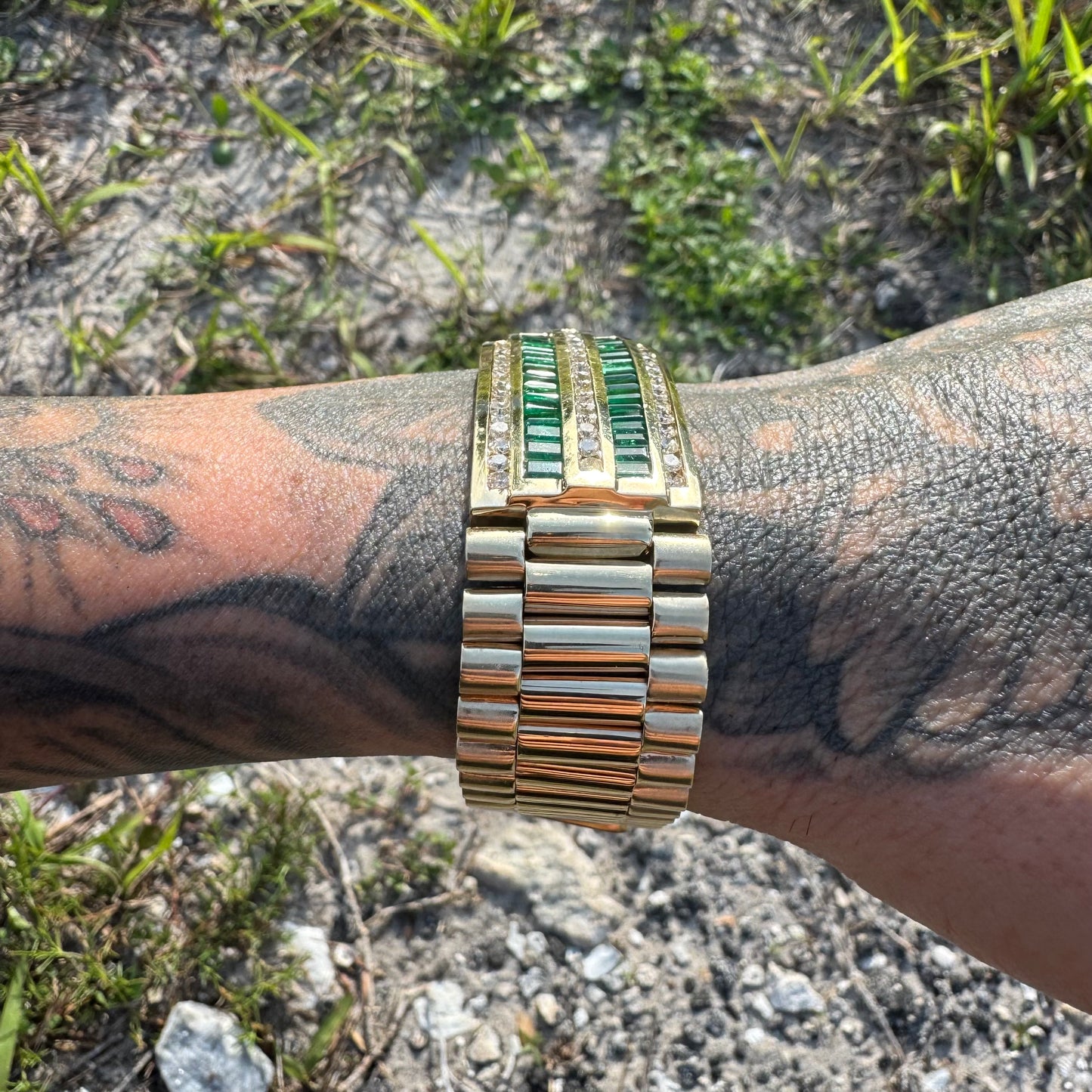 Vintage Solid 14k Yellow Gold 6.0ctw Natural Emerald 2.5ctw Natural Diamond Channel Set Jubilee Bracelet (8.25”)