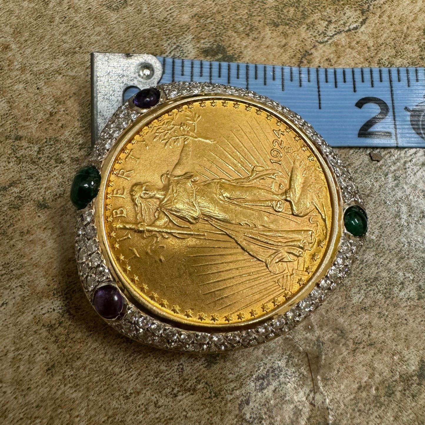 1924 St. Gaudens $20 Double Eagle 1oz Gold Coin Natural Diamond, Emerald, And Amethyst Encrusted Pendant