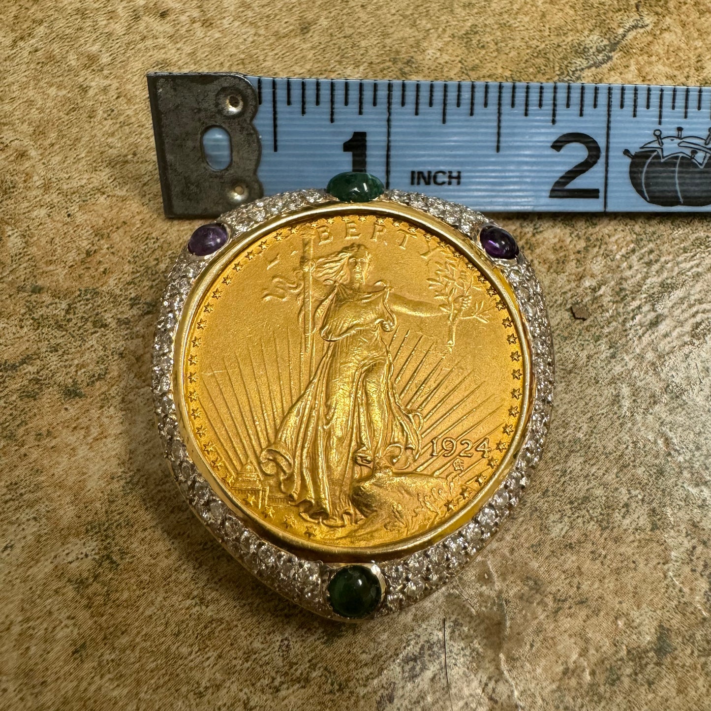 1924 St. Gaudens $20 Double Eagle 1oz Gold Coin Natural Diamond, Emerald, And Amethyst Encrusted Pendant