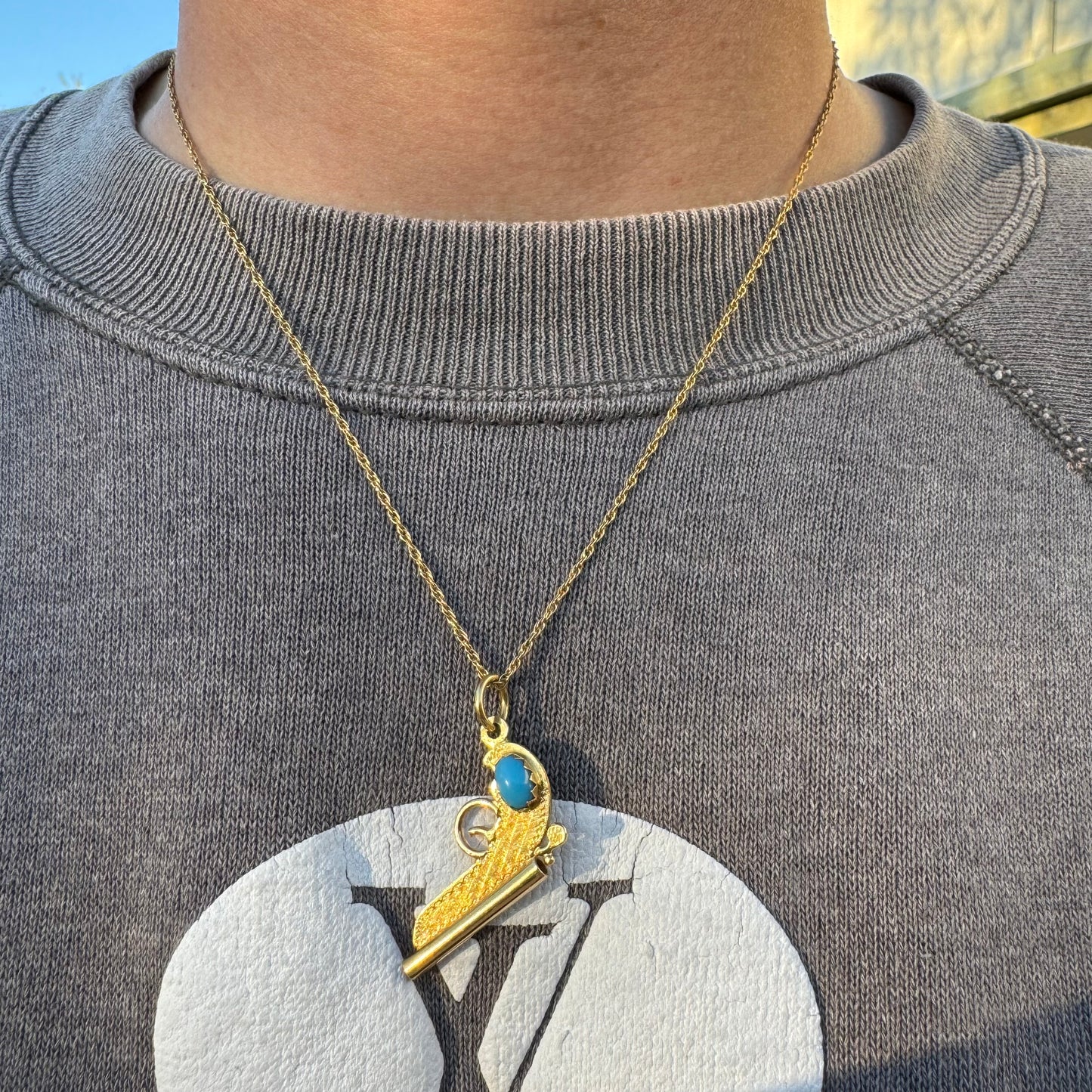 Mid-Century 18K Italian Yellow Gold Persian Turquoise Pistol Pendant