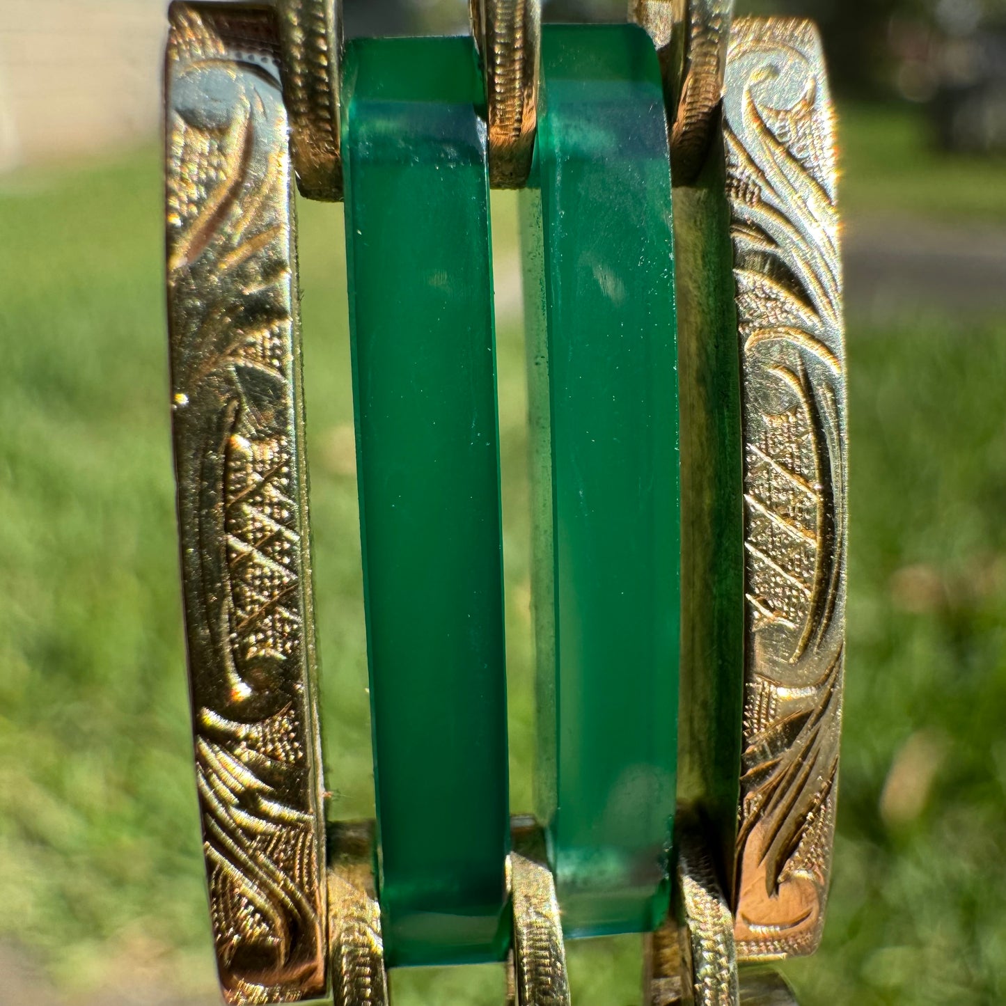 Art Deco Austro-Hungarian 14k Yellow Gold Chrysoprase Glass Enameled Floral Engraved Bracelet (7”)