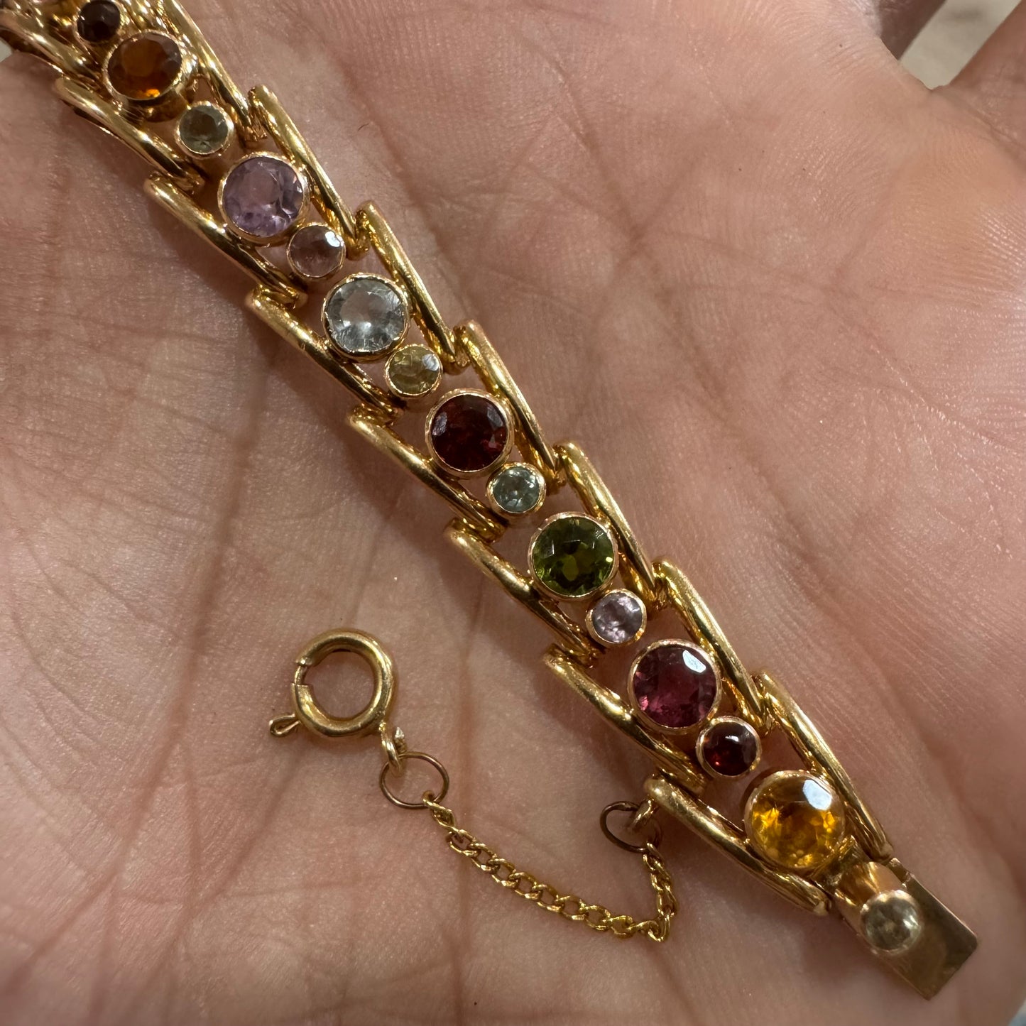 Vintage Solid 18k Gold 7.0ctw Bezel Set Natural Multi Precious Gemstone Bracelet (7.25”)