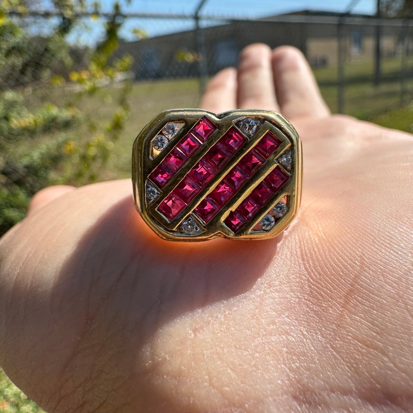 Vintage 18k Yellow Gold Natural Diamond And Ruby Signet Ring (9)