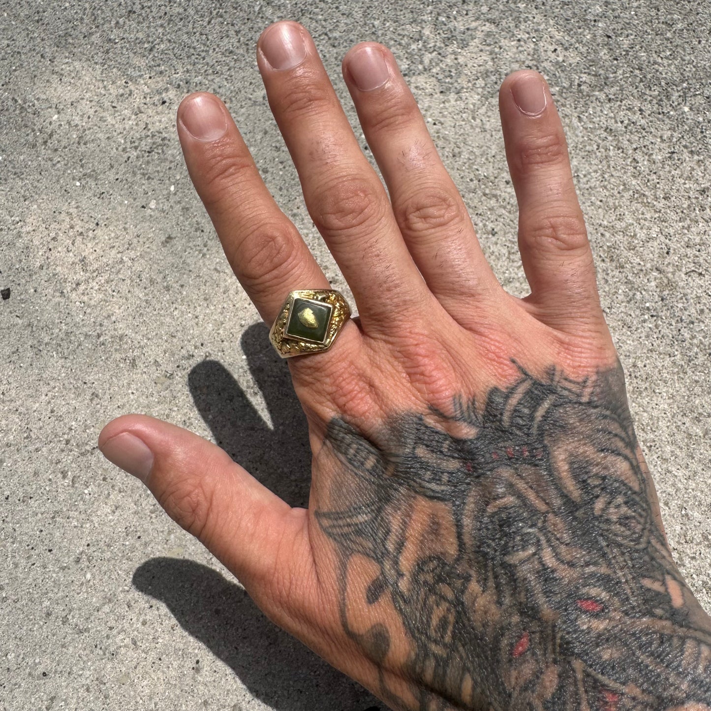 1930’s Art Deco Solid 10k Yellow Gold Nephrite Jade Natural Raw Gold Nugget Inlaid Signet Ring (11)