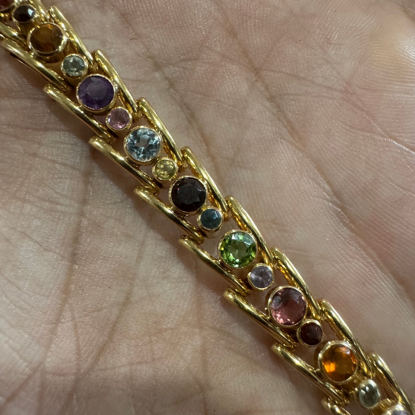 Vintage Solid 18k Gold 7.0ctw Bezel Set Natural Multi Precious Gemstone Bracelet (7.25”)