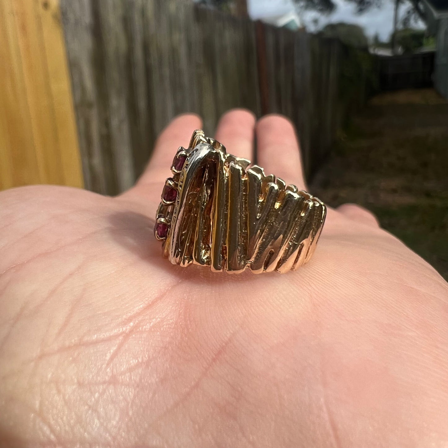 1960’s Custom Solid 14k Yellow Gold Natural Ruby And Diamond Encrusted Brutalist Ring (5)