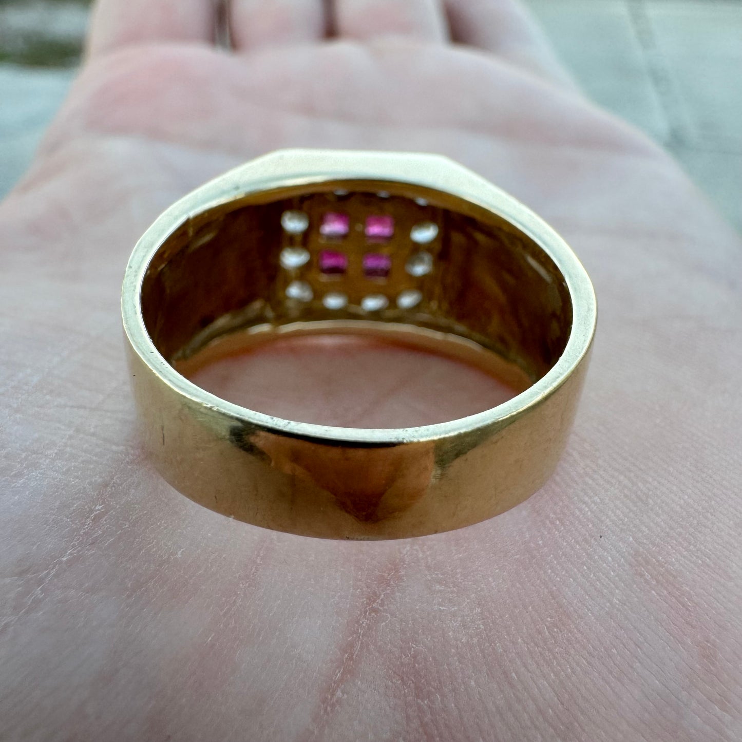 Vintage Custom Made 14k Yellow Gold .60ctw Natural Diamond And .40ctw Ruby Signet Ring (10.75)