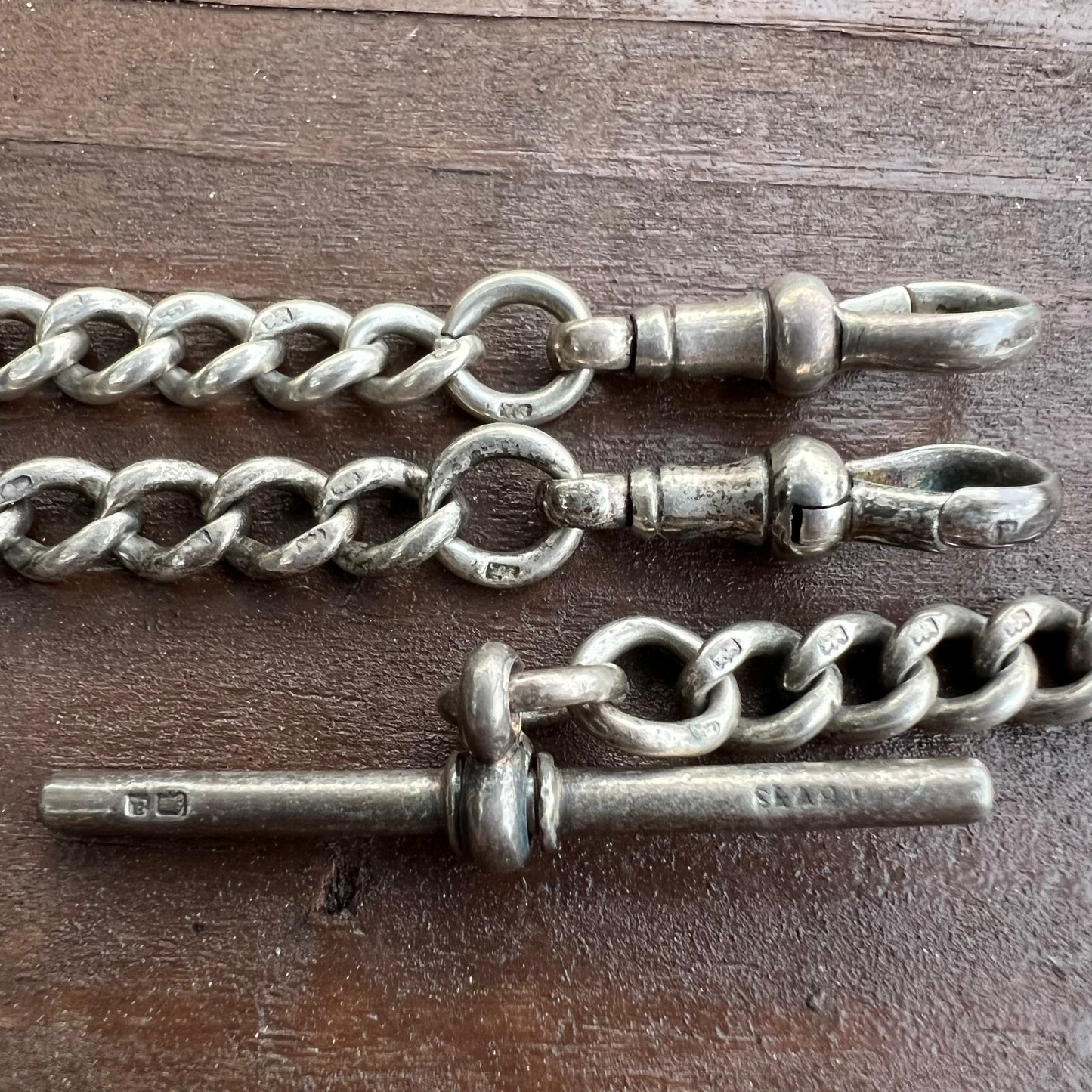 Dated 1896 Victorian Solid Sterling/.925 London Hallmarked Albert Chain With Double Dog Clips And T-Bar Necklace (20”)