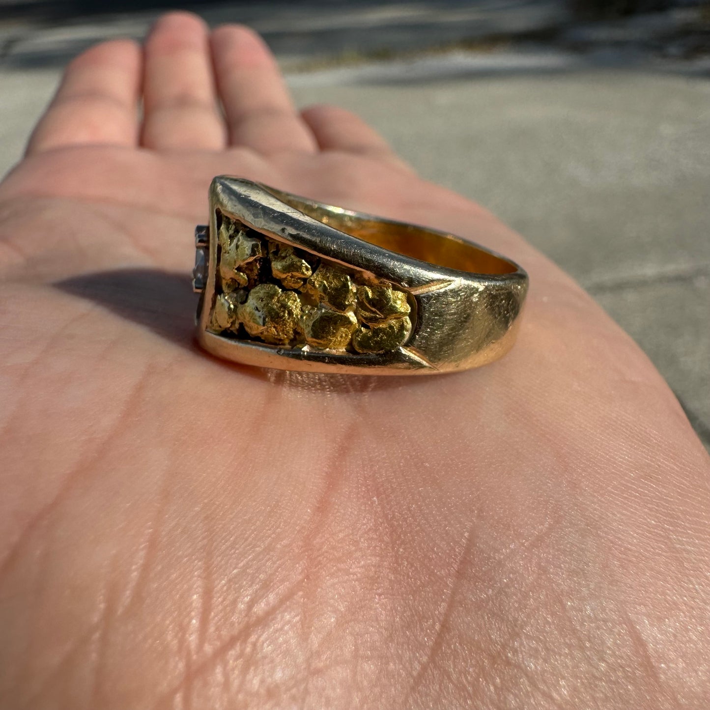 Vintage 14k Yellow Gold Raw 24k Nugget Inlaid .50Ct Natural Diamond Ring (11.5)