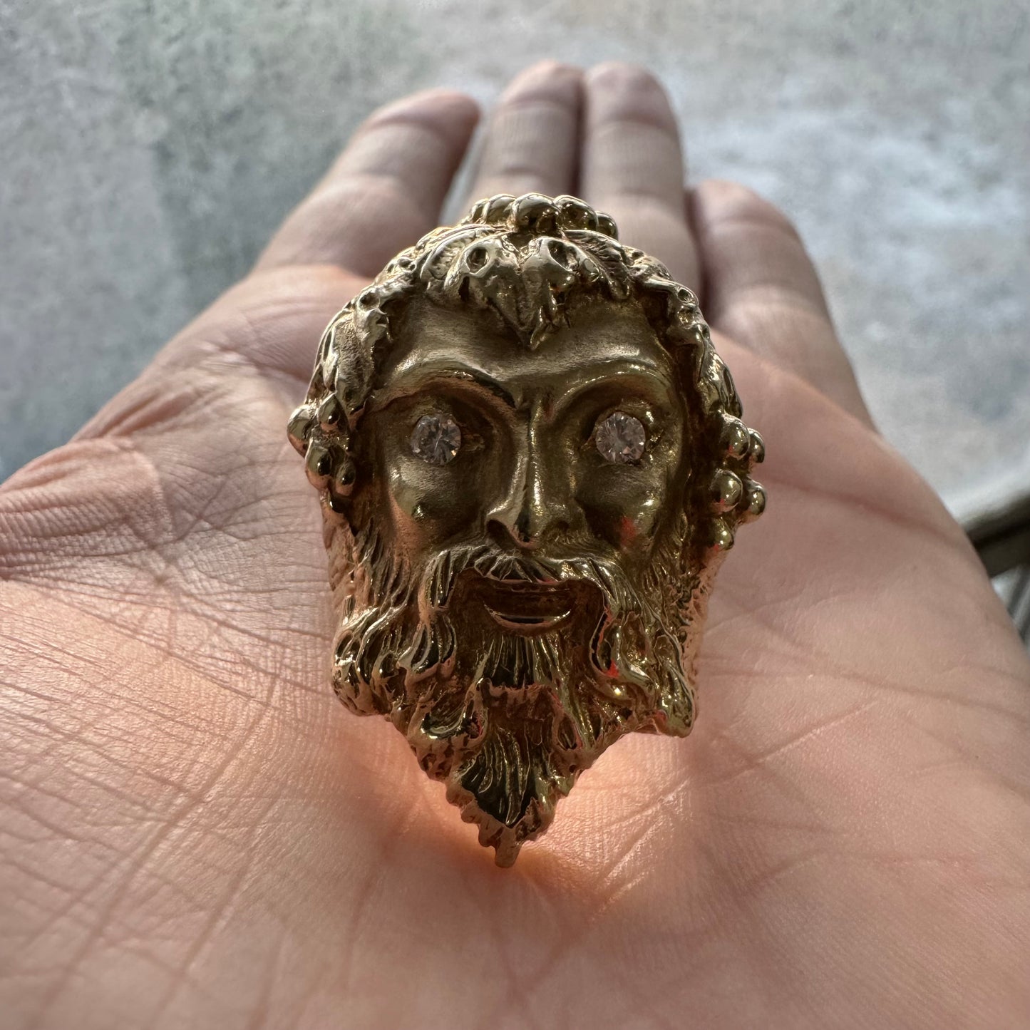 Vintage Custom Made Solid 14k Yellow Gold Natural VS Diamond Heavyweight Dionysus Greek God Ring (11)