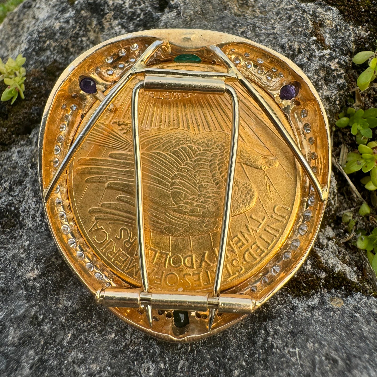 1924 St. Gaudens $20 Double Eagle 1oz Gold Coin Natural Diamond, Emerald, And Amethyst Encrusted Pendant
