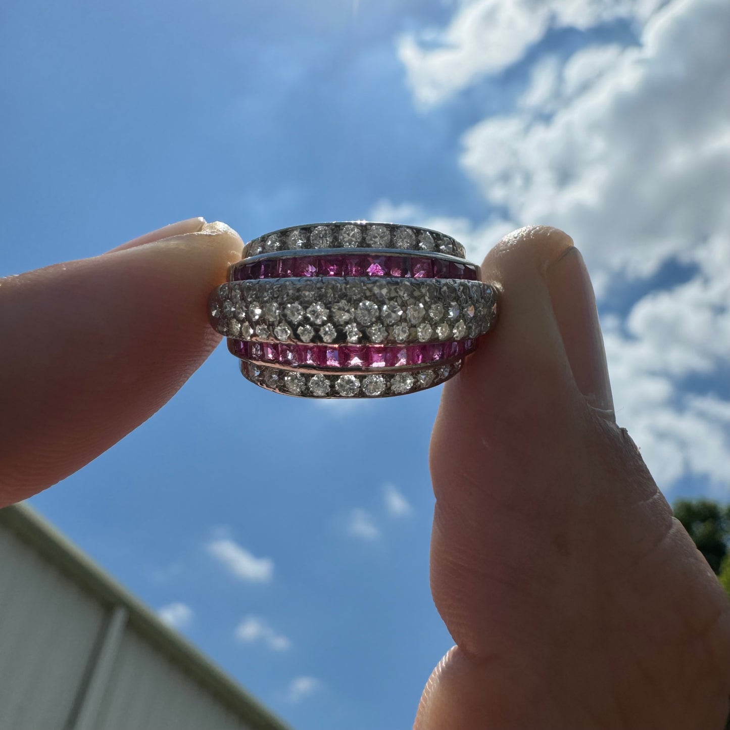1940’s Retro Era Handcrafted 18k White Gold .73ctw Natural VS Quality Diamond And Princess Cut Ruby Flooded Step Up Ring (5.75)