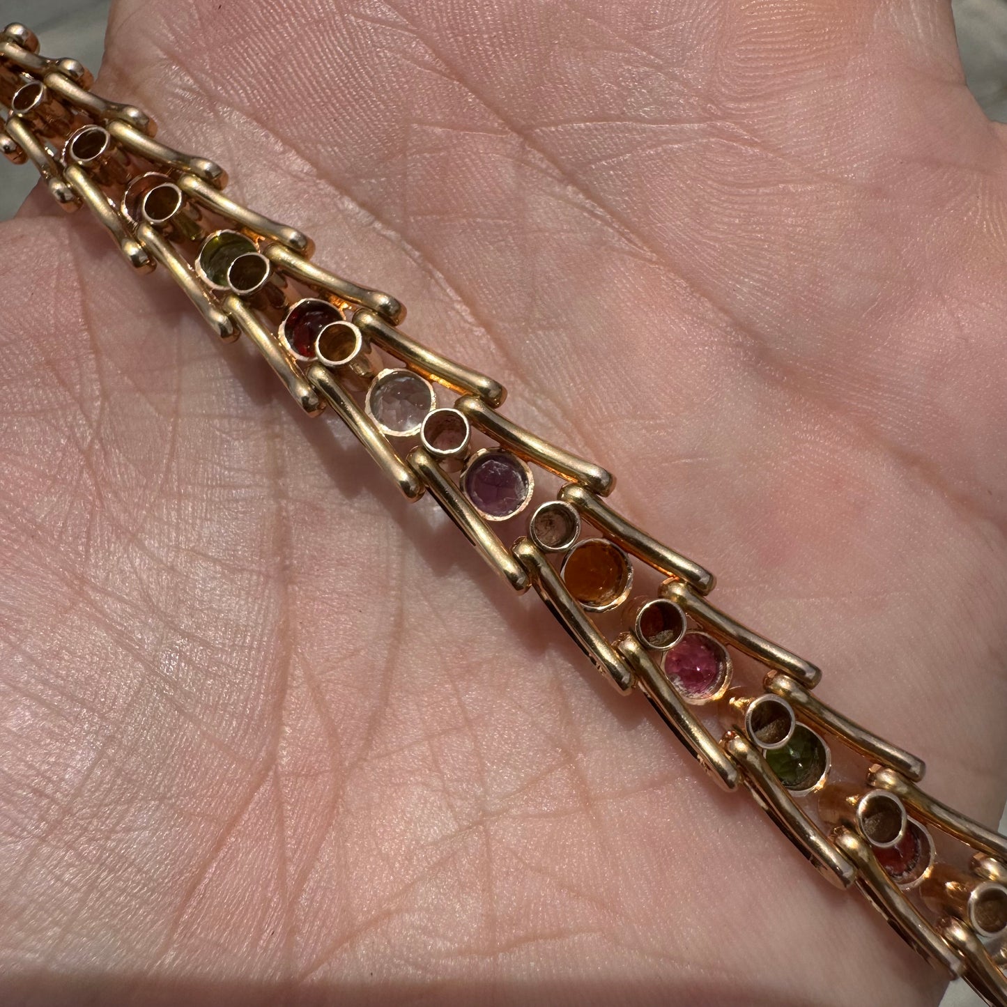 Vintage Solid 18k Gold 7.0ctw Bezel Set Natural Multi Precious Gemstone Bracelet (7.25”)