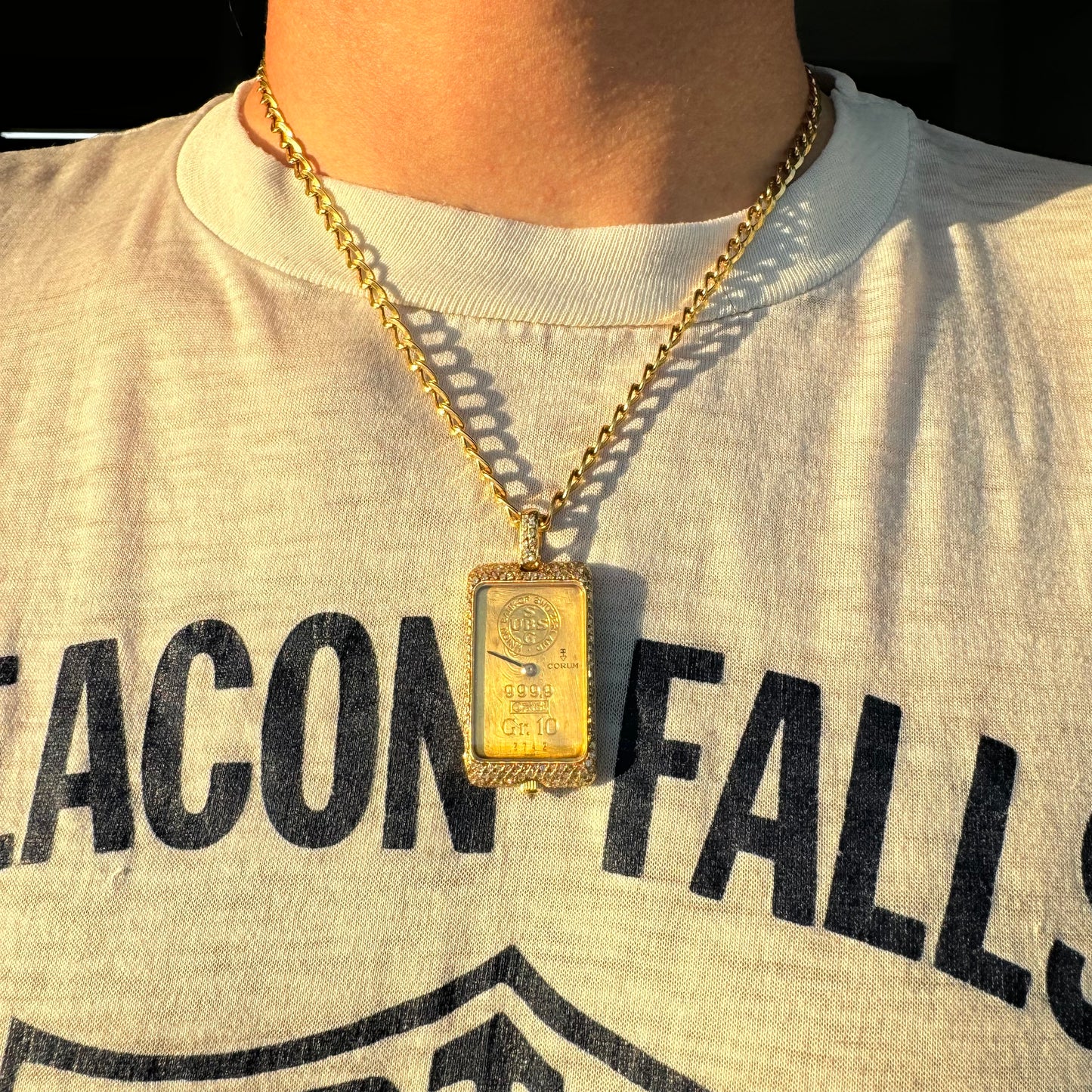 Rare 1980’s Corum UBS 10 Gram Pure 999.9 Gold Ingot Bar Diamond Watch Pendant